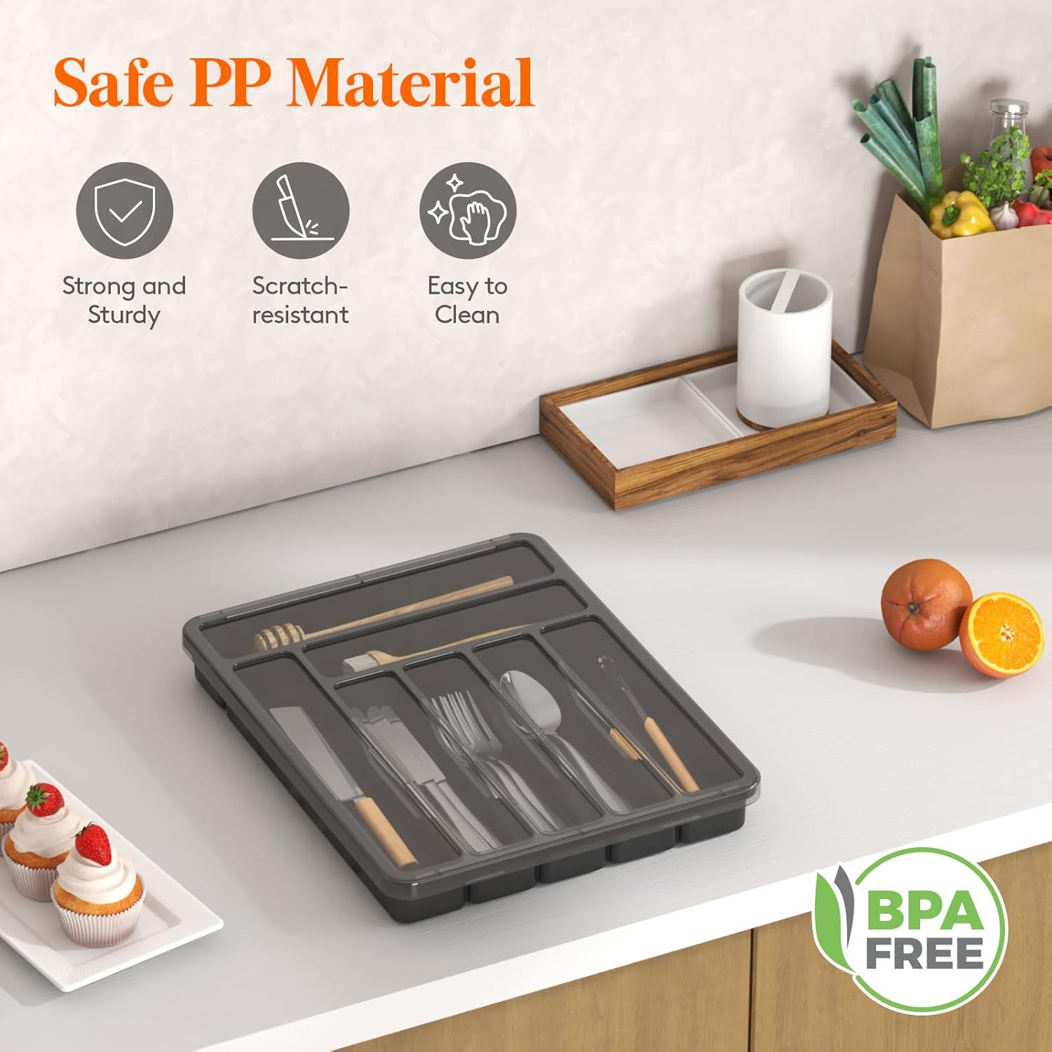 Lifewit Silverware Organizer with Lid, Covered Utensil Tray for Kitchen Drawer and Countertop, Plastic Cutlery and Flatware Storage Box for Spoons Forks Knives Holder Case, 7 Compartments, Black image number 5