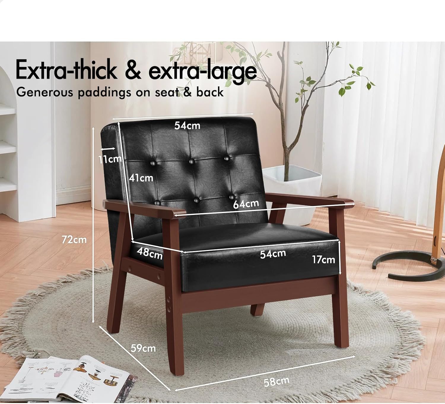 ALFORDSON Wooden Armchair Accent Chair with Solid Wood Frame Wooden Armrest, PU Leather Fabric Upholstery Cushion Lounge Sofa for Reading Bedroom Living Room, 180KG, Black