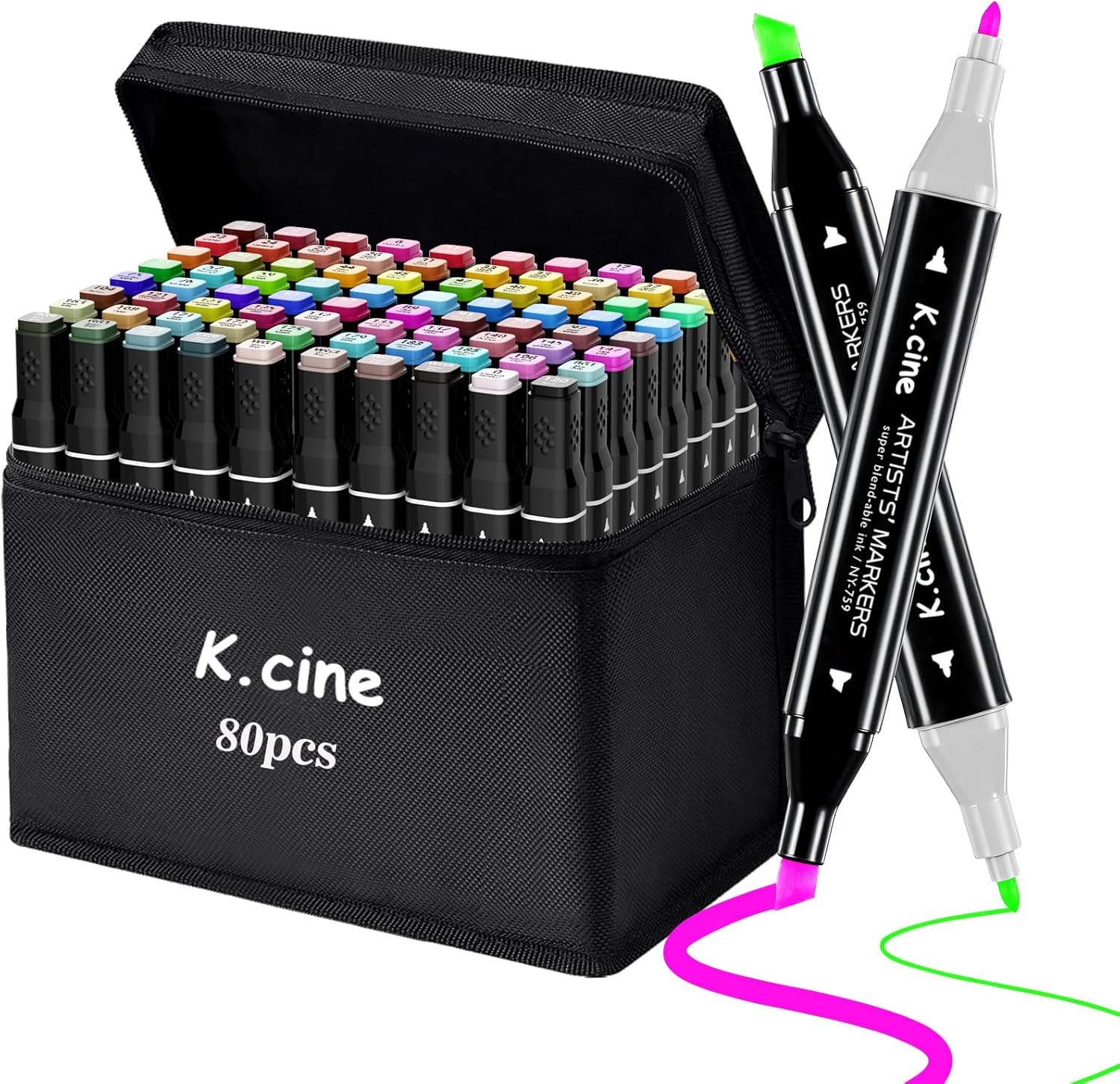 K.CINE 80 Colors Alcohol Markers for Adult Coloring Books, Dual Tip Art Markers with Brush Tip & Chisel Tips for Coloring, Illustrations, Drawing, Sketching with Carrying Case