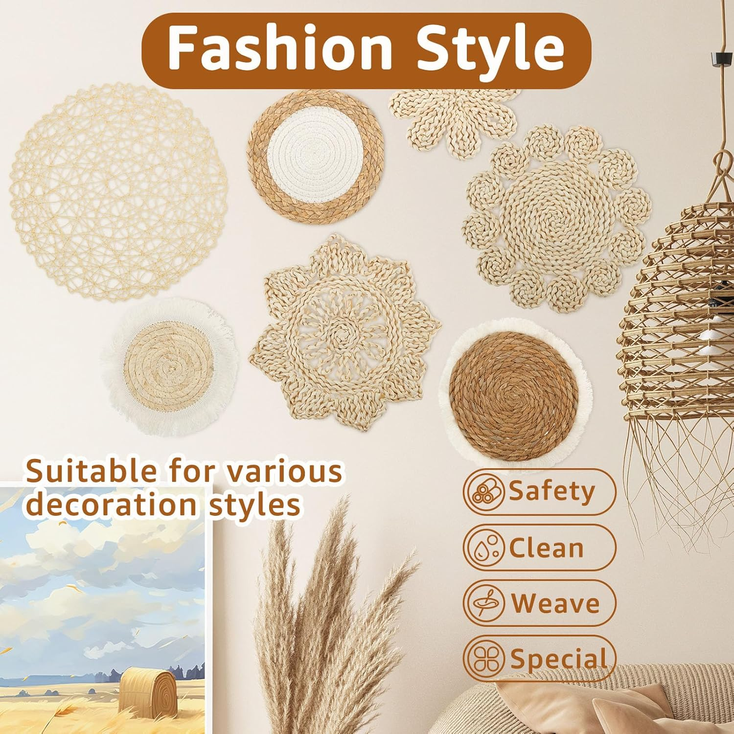 7-Pack Boho Wall Basket Decor: Seagrass Rattan Wicker - round Wall Art for Farmhouse Bedroom, Living Room, Kitchen - White - White image number 6