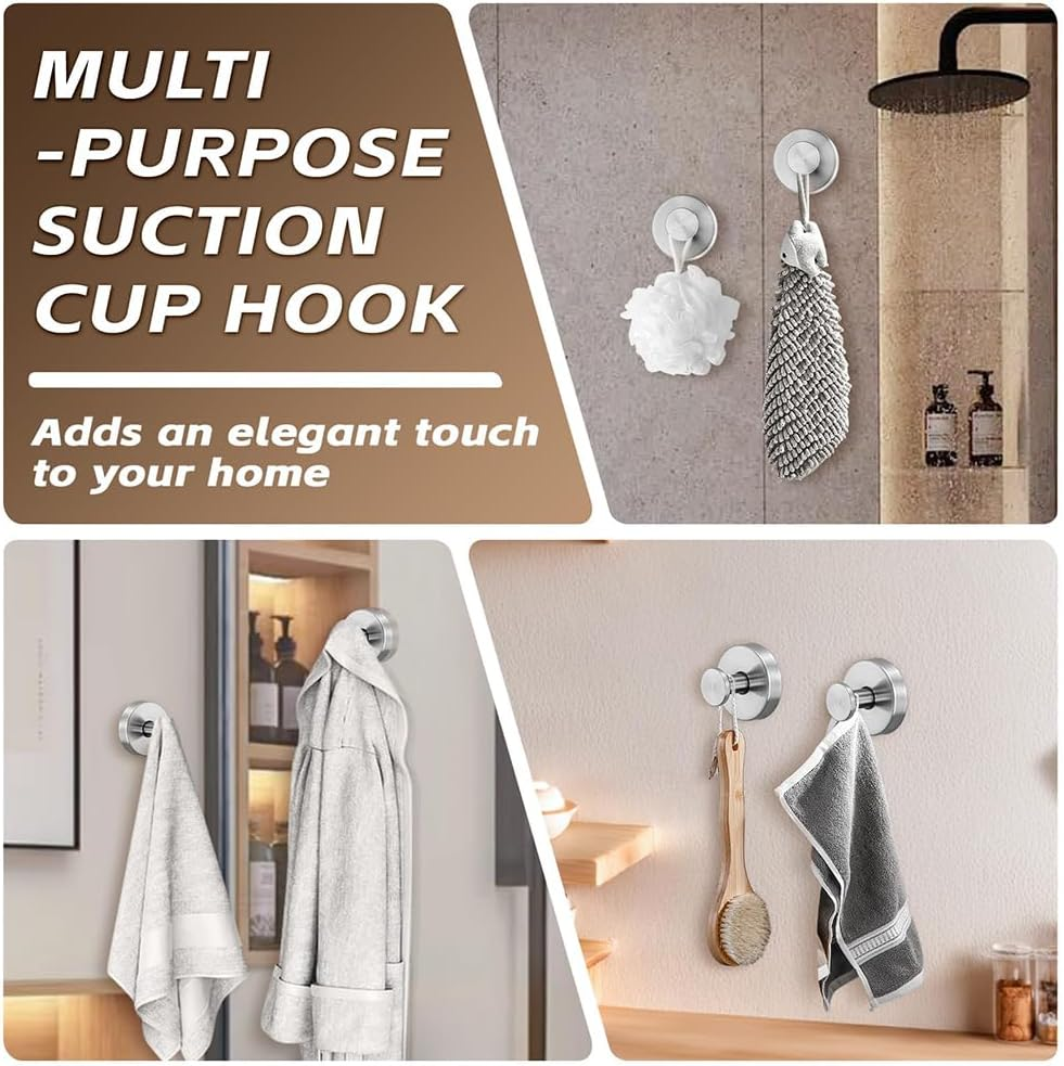 4 Pack Suction Cup Hooks for Shower, Towel Hooks for Bathroom Kitchen Glass Mirror Tile, Stainless Steel Suction Hooks for Hanging Towel Coat image number 6