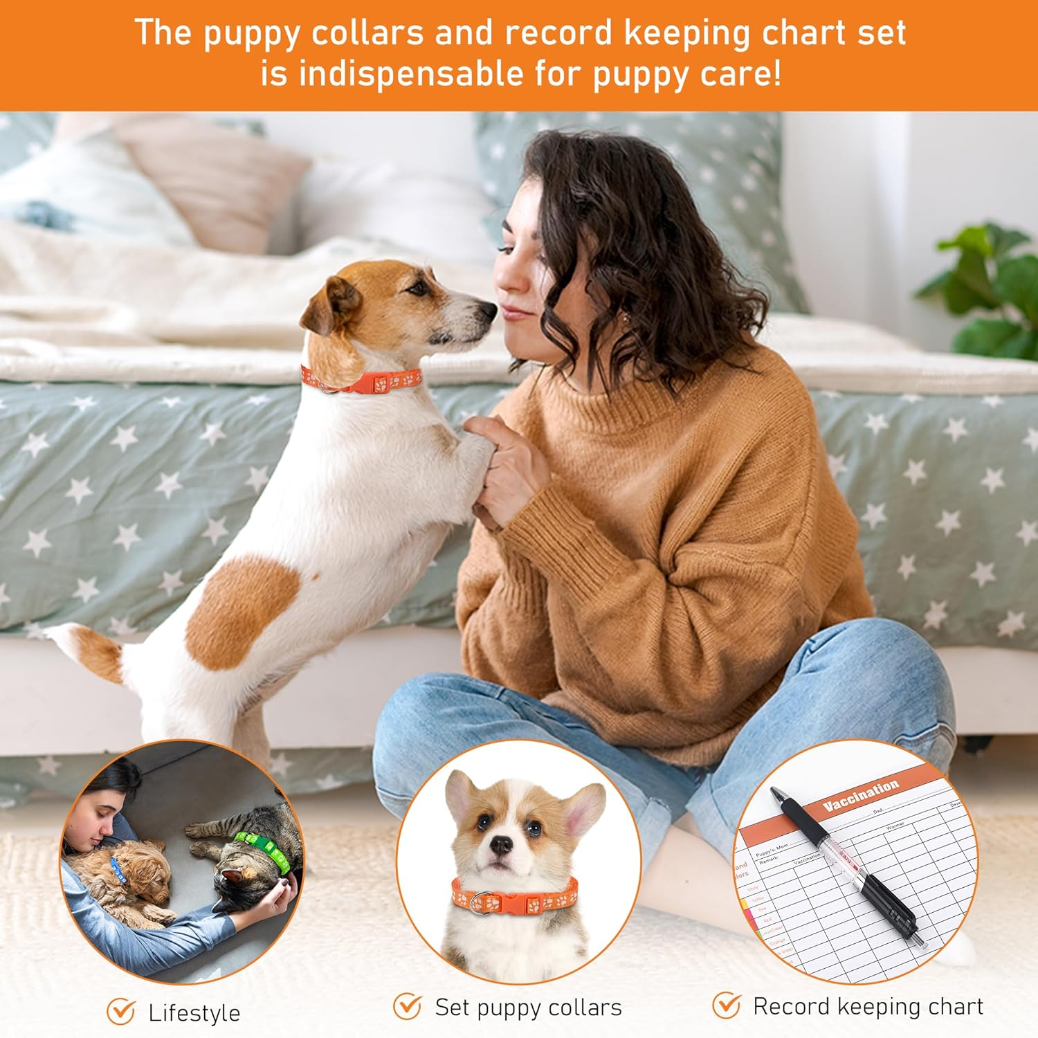 GAMUDA Puppy Collars, Super Soft Nylon Adjustable Whelping ID Bands, Footprint Pattern Litter Set with 2 Record Keeping Charts, 12 Pack (S) image number 4