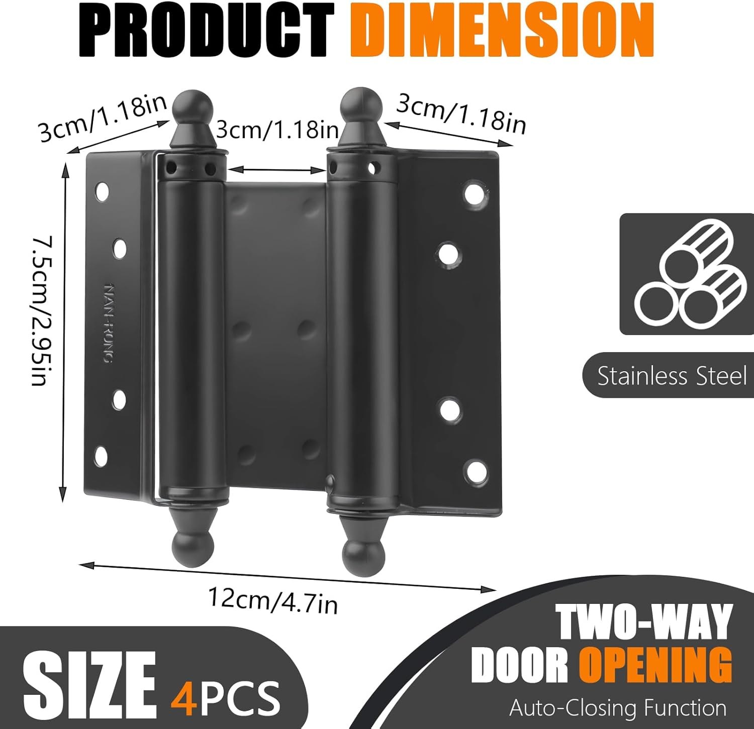 4 Pack 3&rsquo;&rsquo; Double Action Hinges, Double Swing Hinges Swinging Door Hinge Cafe Door Hinges, Stainless Steel Trap Door Hinges Spring Hinge (3&rsquo;&rsquo;) image number 2
