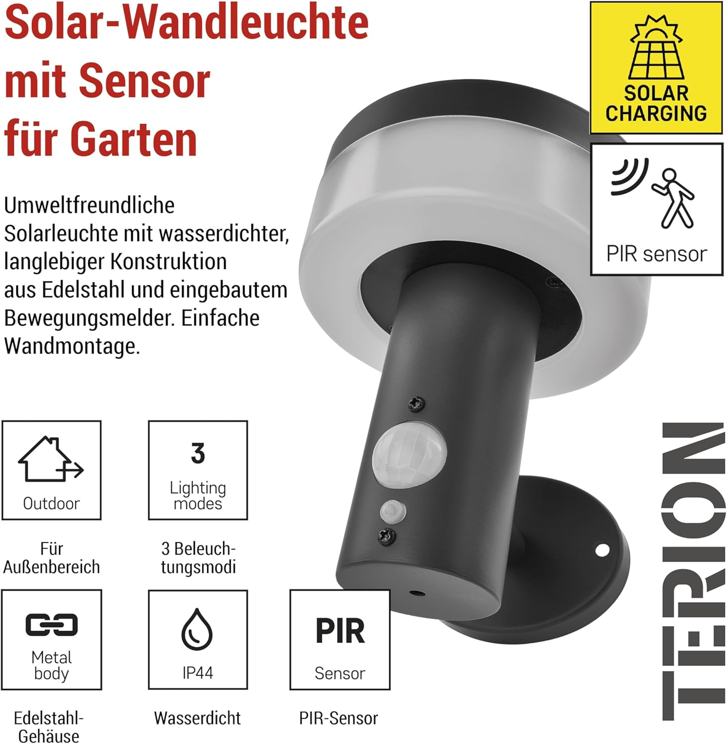 EMOS - TERION Solar LED Wall Light with Motion Sensor for Home and Garden - Waterproof Solar Garden Lighting with Sensor, Brightness 200Lm, Warm White - Stainless Steel Housing for Wall Mounting image number 6