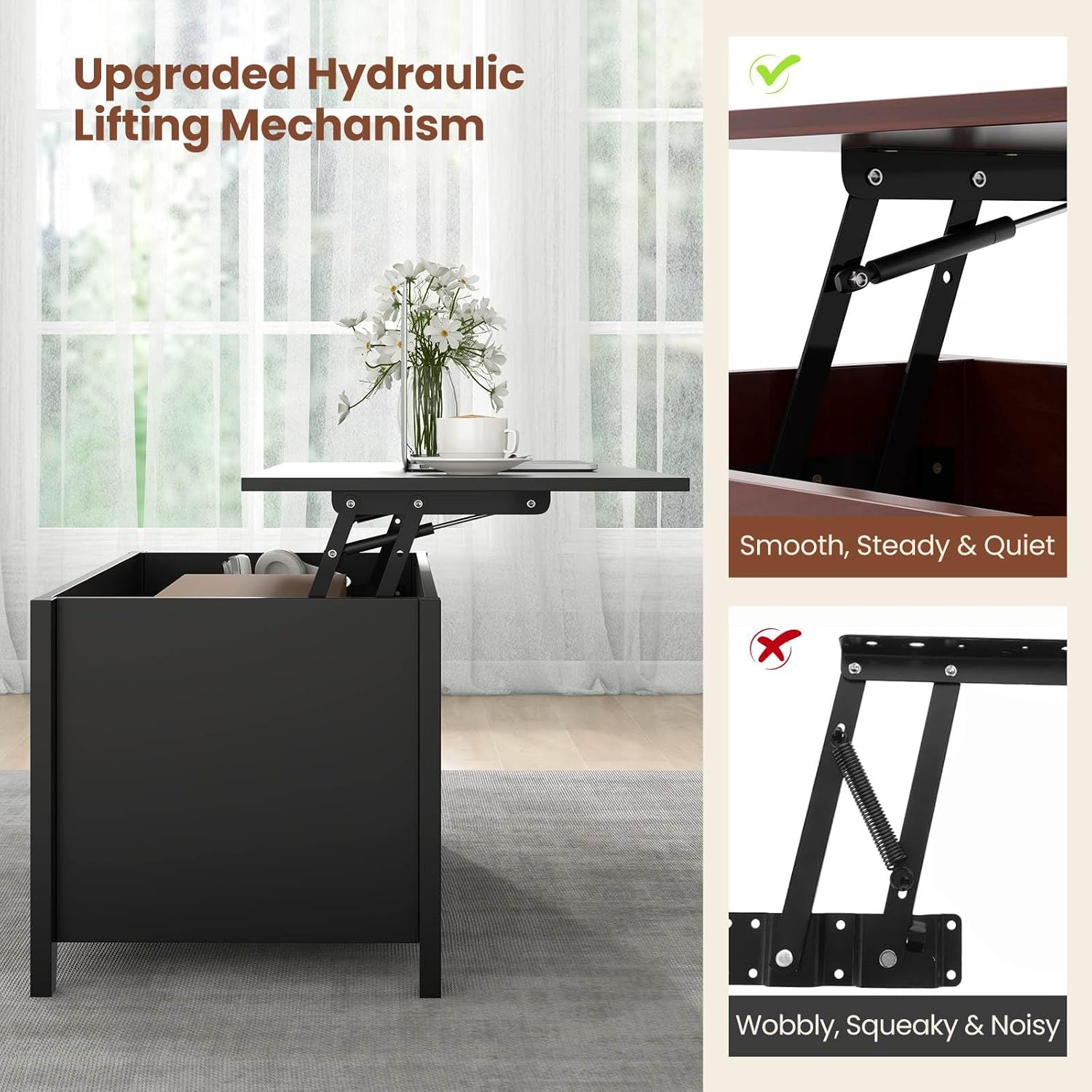 Giantex Lift up Coffee Table, Rising Center Table with Lift Top, Hidden Compartment & 3 Cubes, Modern Dining Accent Table Furniture for Living Room & Reception Room, Black image number 6