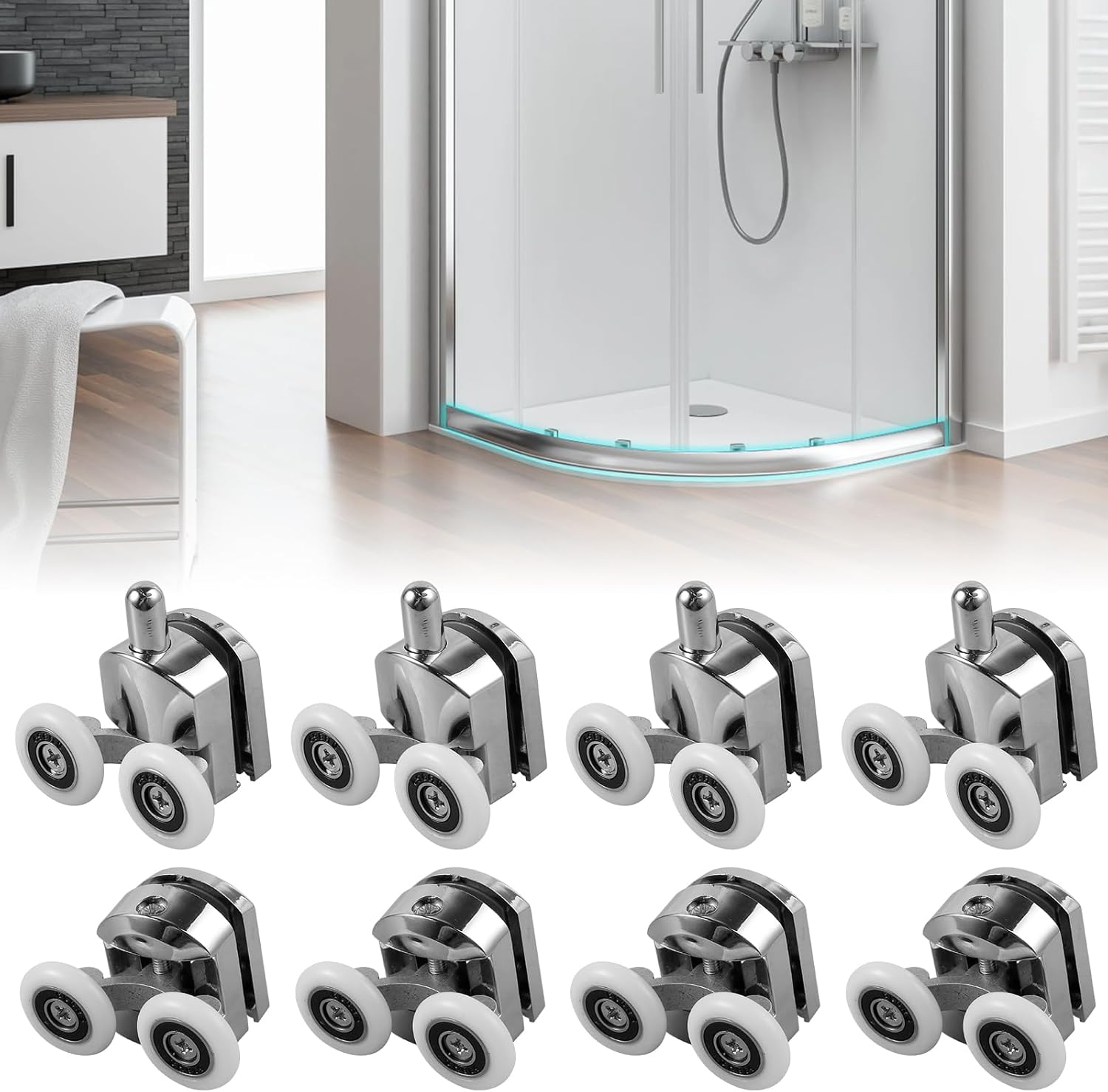 8Pcs Curved Shower Door Rollers 23Mm Aluminum Alloy Top and Bottom Shower Wheel Quiet Shower Door Pulley Replacement with Anti-Collision Pad and Screws for 4-6Mm Glass Door image number 2