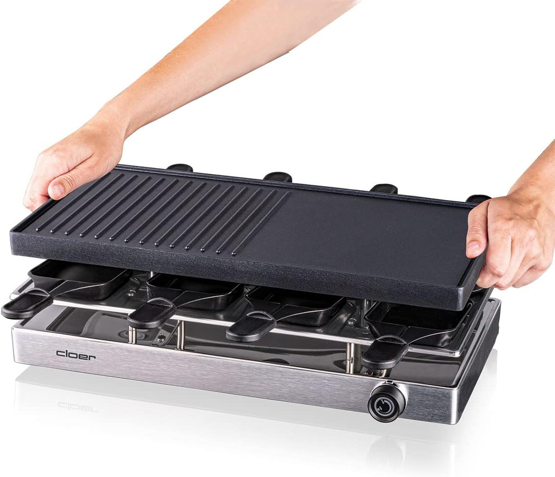 Cloer 6458 Raclette Grill with Die-Cast Aluminium Plate, 1200 W, 8 Non-Stick Raclette Pans, Plastic Spatula, Unheated Parking, Aluminium image number 1