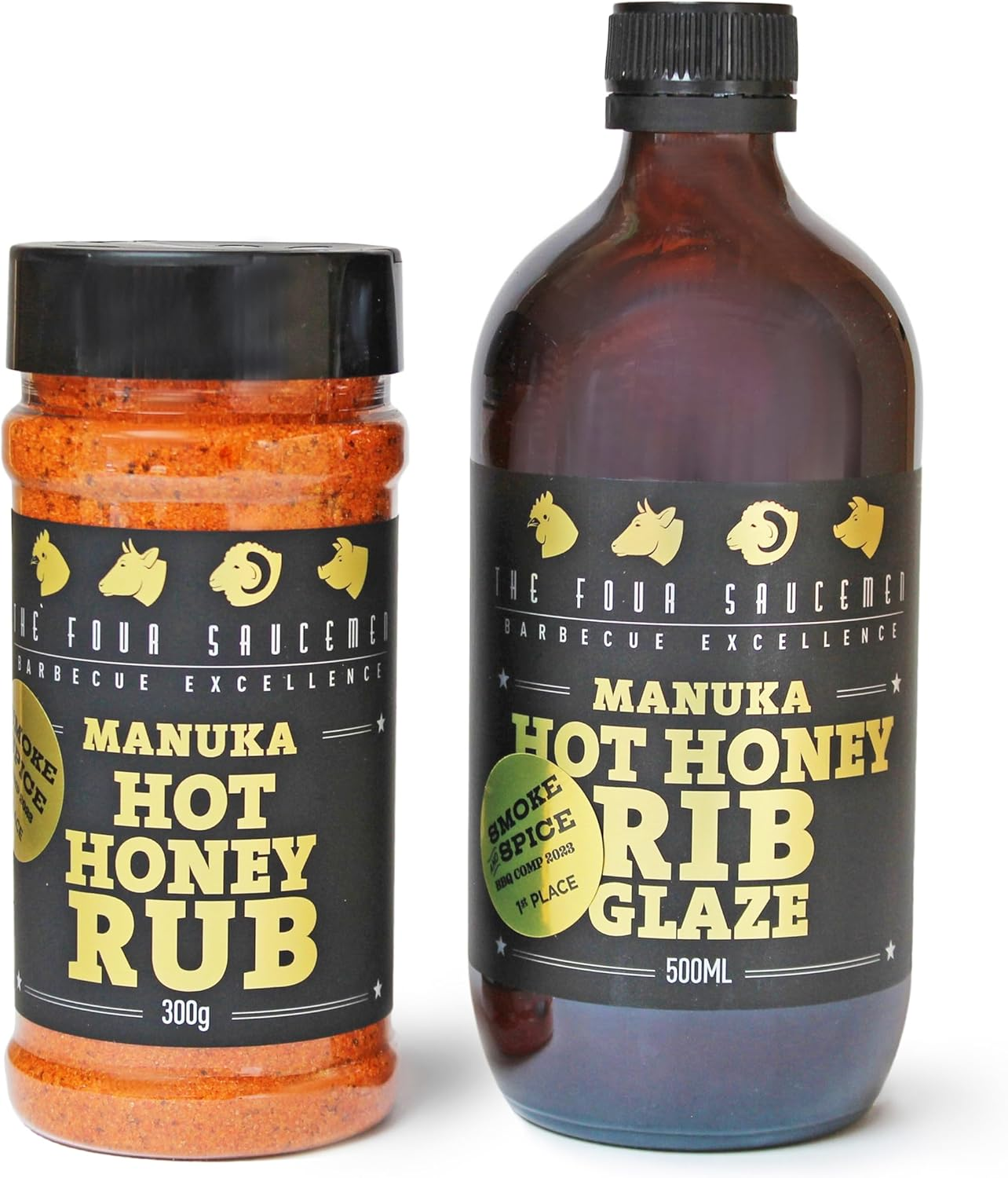 The Four Saucemen New Manuka Hot Honey BBQ Pack - Award-Winning Rib Glaze 500Ml & Rub 300G Shaker Jar Combo for Chicken & Pork image number 1