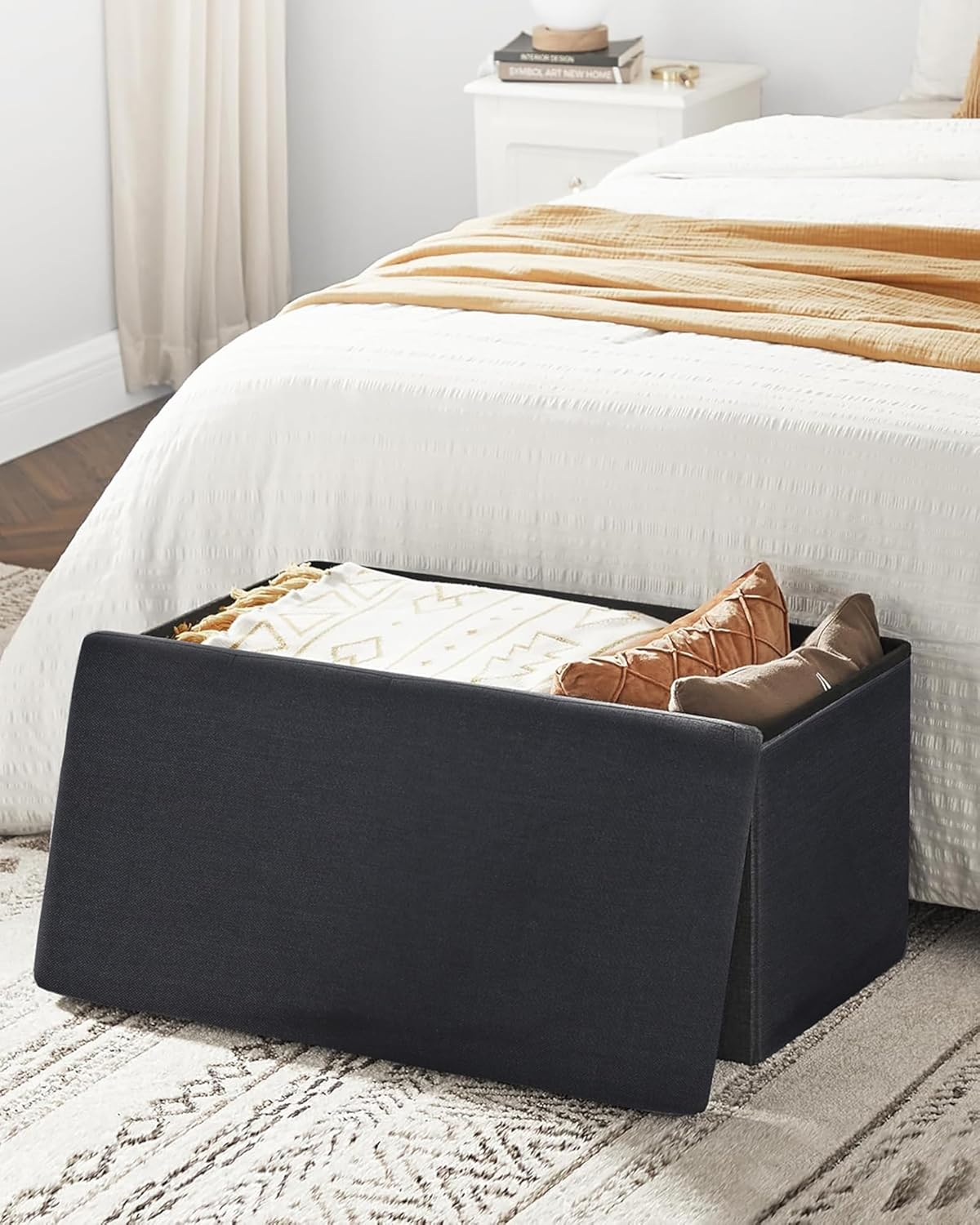 Okam Storage Ottoman-Foldable Ottoman Storage-Collapsible Stool Bench - Storage Organiser Case with Cushioned Seat - Use as Blanket Box, Foot Stool Ottaman, Pillow, Toys, Clothes Ottman Cube - Black