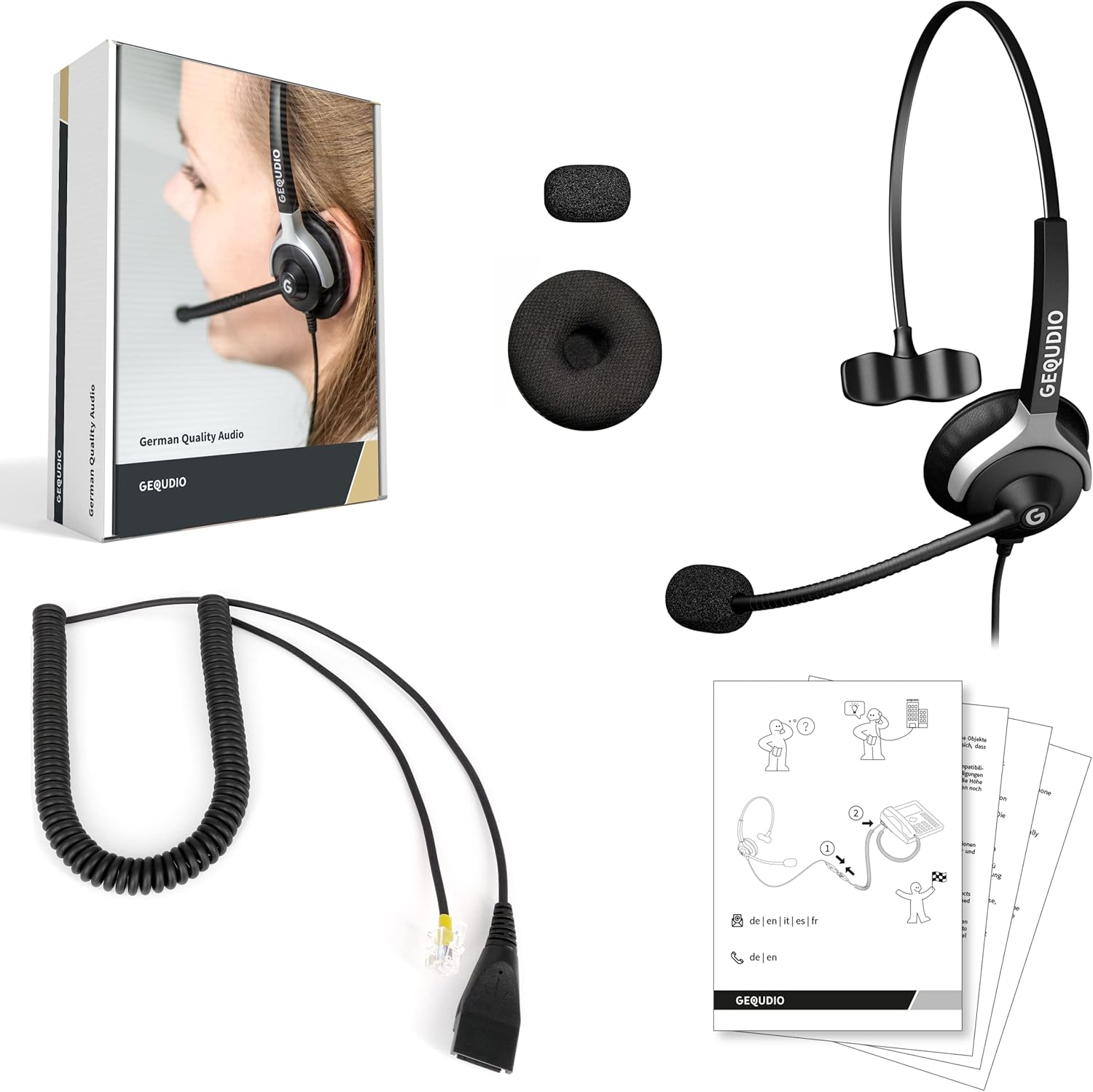 GEQUDIO Headset for GX3+ GX5+ and Compatible with Mitel, Aastra, Poly/Polycom and Gigaset-Rj Phone - Includes RJ Cable - Headphones & Microphone with Replacement Pad - Lightweight 60G (1-Ear)