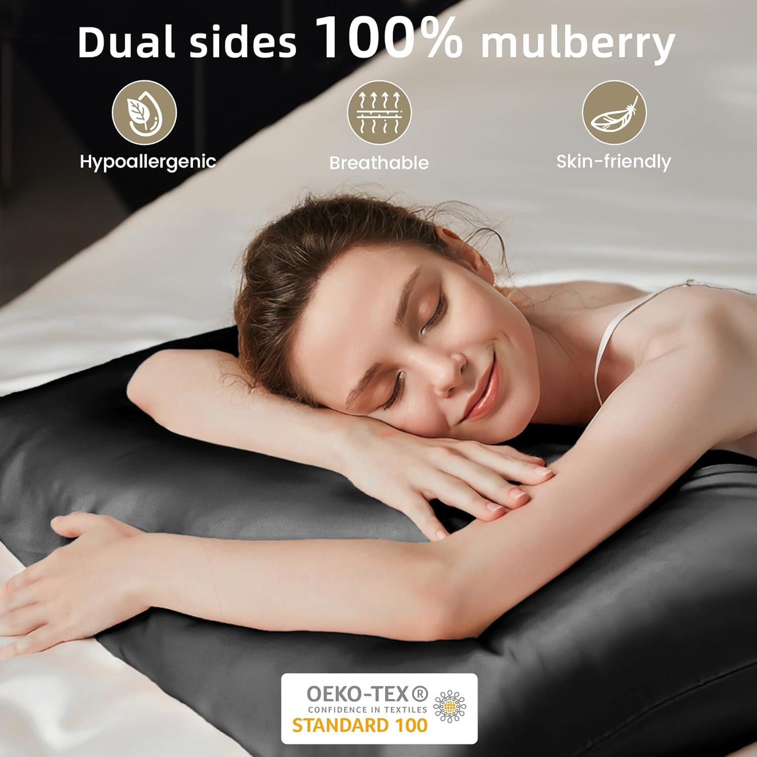 LINENOVA 100% Mulberry Silk Pillowcase for Hair and Skin, Both Sides 22 Momme Silk Queen Pillow Cover, Smooth Breathable Black Pillow Case with Hidden Zipper, Gifts for Women 1 Pack(50 * 75Cm)