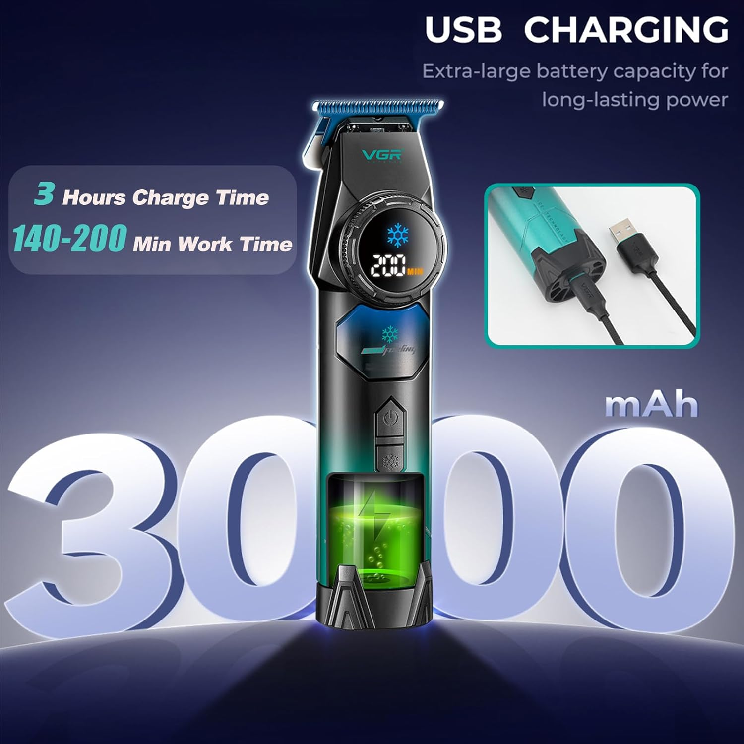 VGR 946 Professional Hair Trimmer for Men, 8000RPM High-Speed Cordless T-Blade Trimmer with Blue Ceramic & Powder Metallurgy Blade, Rechargeable Detail Clipper with 4 Guide Combs & USB Charging image number 4