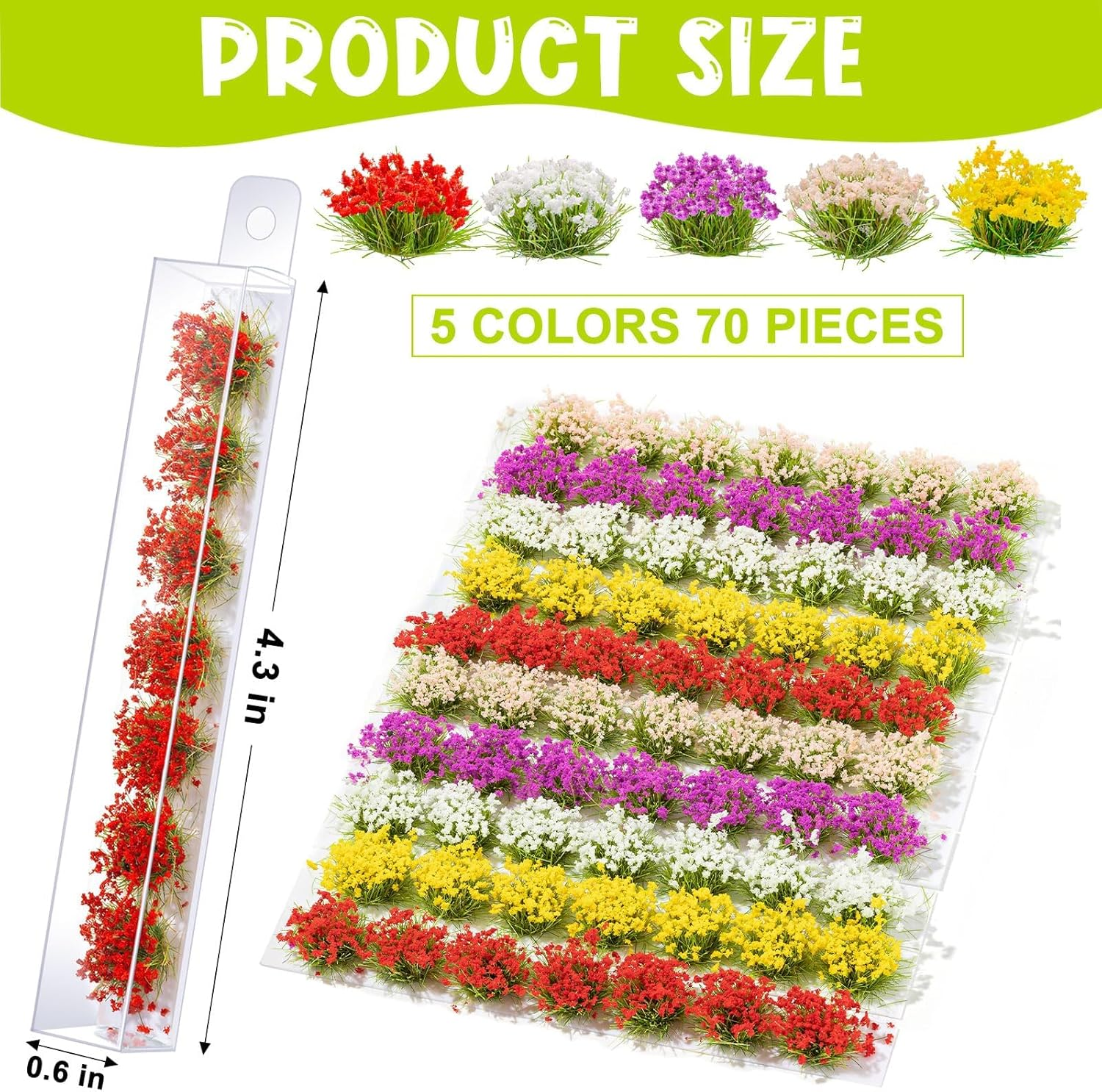 Miniature Colorful Cluster Flower, 70-Pack of Static Grass Tufts for DIY Craft Projects, Model Train Scenery, Railroad Environments, Wargaming, Military Model Bases, and Miniature Dioramas image number 5