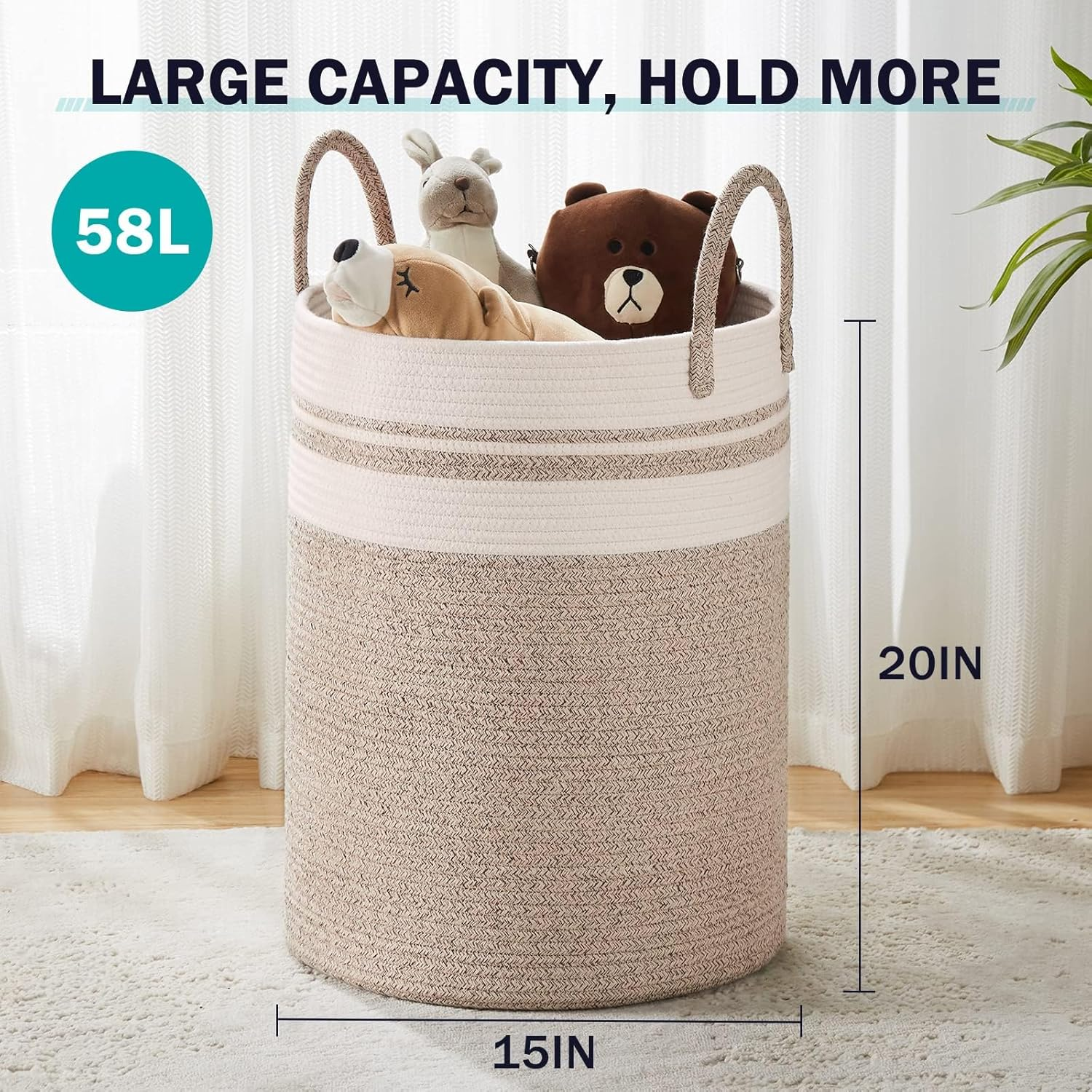 Large Laundry Hamper, Laundry Hamper for Toys, LXTANYY Tall Woven Laundry Basket for Clothes, Blanket Storage Basket for Living Room (Brown White-A) - Brown White image number 2