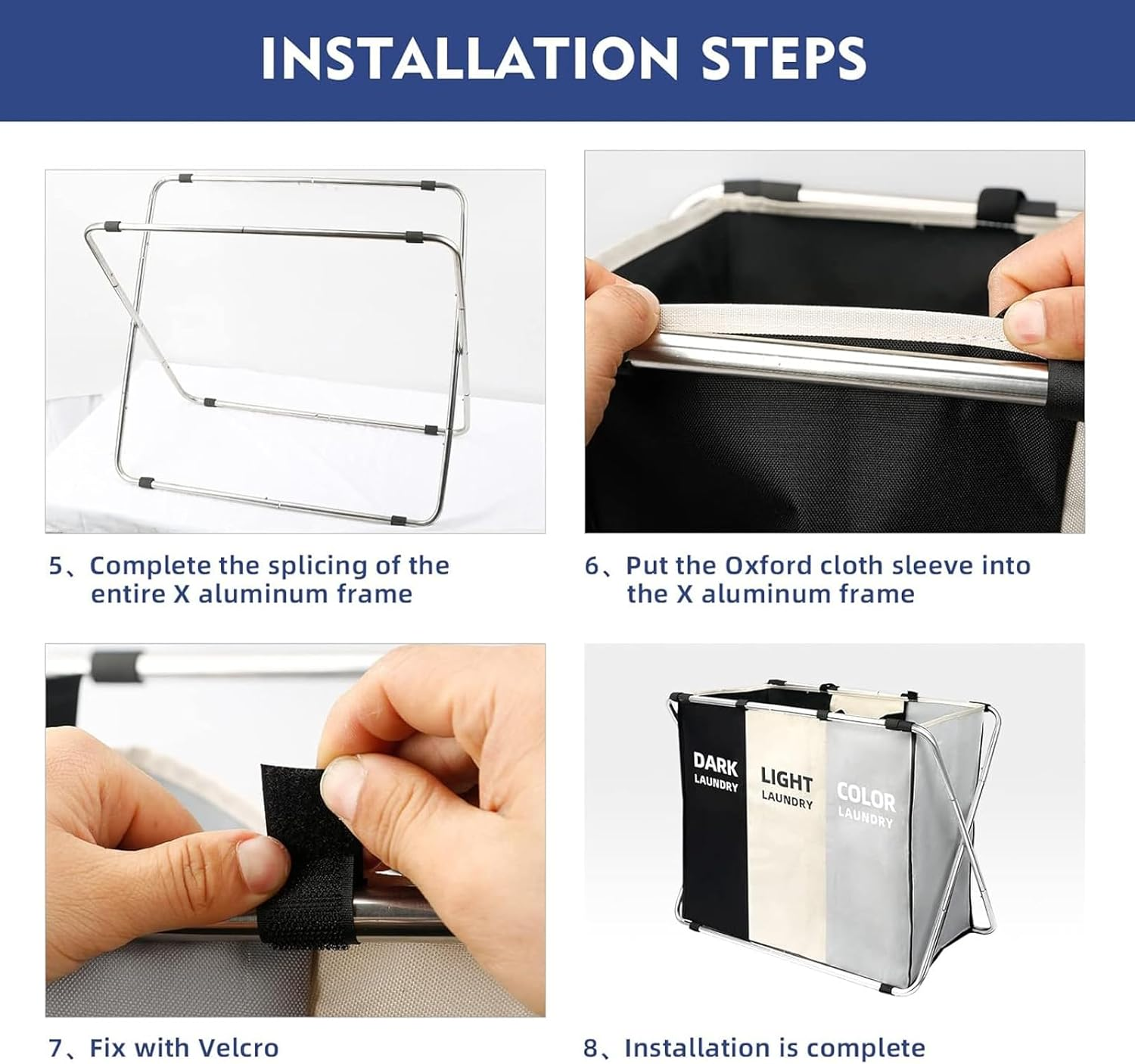 Hapurs Laundry Basket, 135L Laundry Hamper, Collapsible X-Frame, Clothes Organiser, Foldable and Washable Large Washing Basket with 3 Compartment for Bedroom, Bathroom or Utility Room Storage image number 6