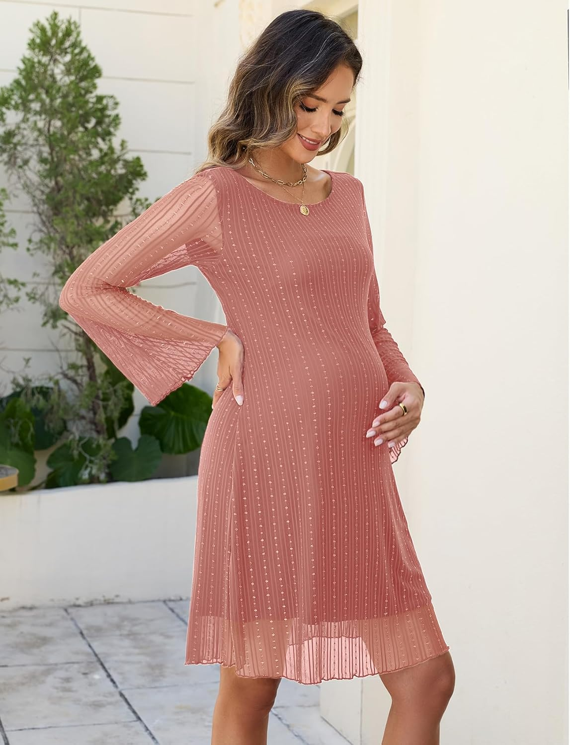 Sparkly Mesh Mini Maternity Dress Sheer Bell Sleeves Tie Back Pregnant Dresses Baby Shower Photoshoot Casual image number 7