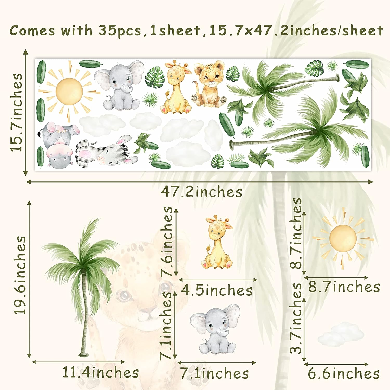 Cartoon Tree Animal Wall Stickers Safari Jungle Animal Wall Decals Cute Animal Wall Stickers Jungle Tree Wall Decals Zoo Animal Wall Stickers for Baby Room Nursery Living Room image number 6