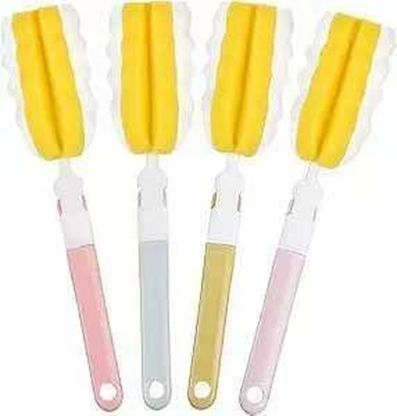 4 Pcs Sponge Bottle Brush Cup Brushes Long Handle Portable Sponge Cleaning Brush Scrubber Detachable for Baby Bottle Dishwashing Kitchen Clean Glasses Mugs (Brush Handle Random Color) (White)