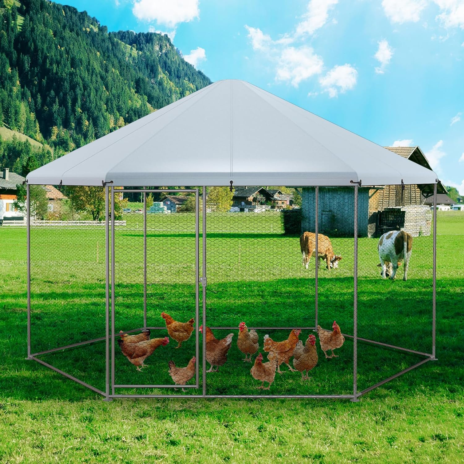 Costway Metal Chicken Coop, Chicken Run House Spire-Shaped Cage W/Wire Mesh & Lockable Door for Duck, Goose, Rabbit, Walk-In Poultry Cage W/Waterproof Cover for Backyard, Farm image number 4