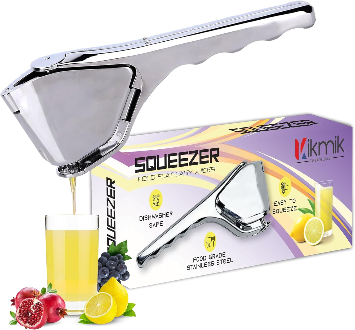 Kikmik Stainless Steel Lemon Squeezer - Handheld Citrus Squeeze Manual Juicer with Space-Saving Ergonomics Design & Sideways Pivot for Maximum Juice Yield- (Silver). image number 5