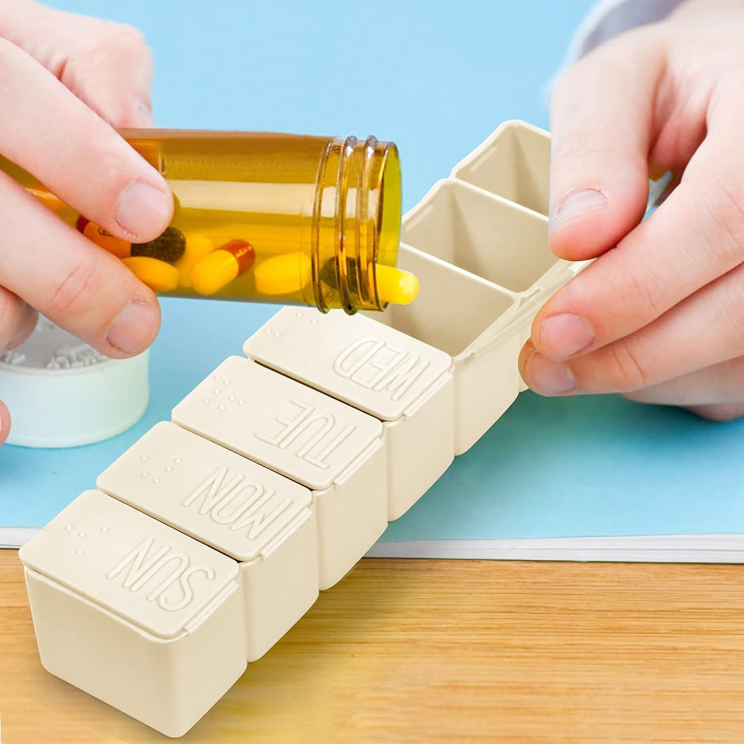 Pill Organizer-Pill Boxes for Travel, 7 Day with Braille Pill Case Vitamins Fish Oil Supplements, Medication Organizer Dispenser for Fish Oils, Vitamin Holder Supplement (Beige+Gray) - Pink+Gray image number 6