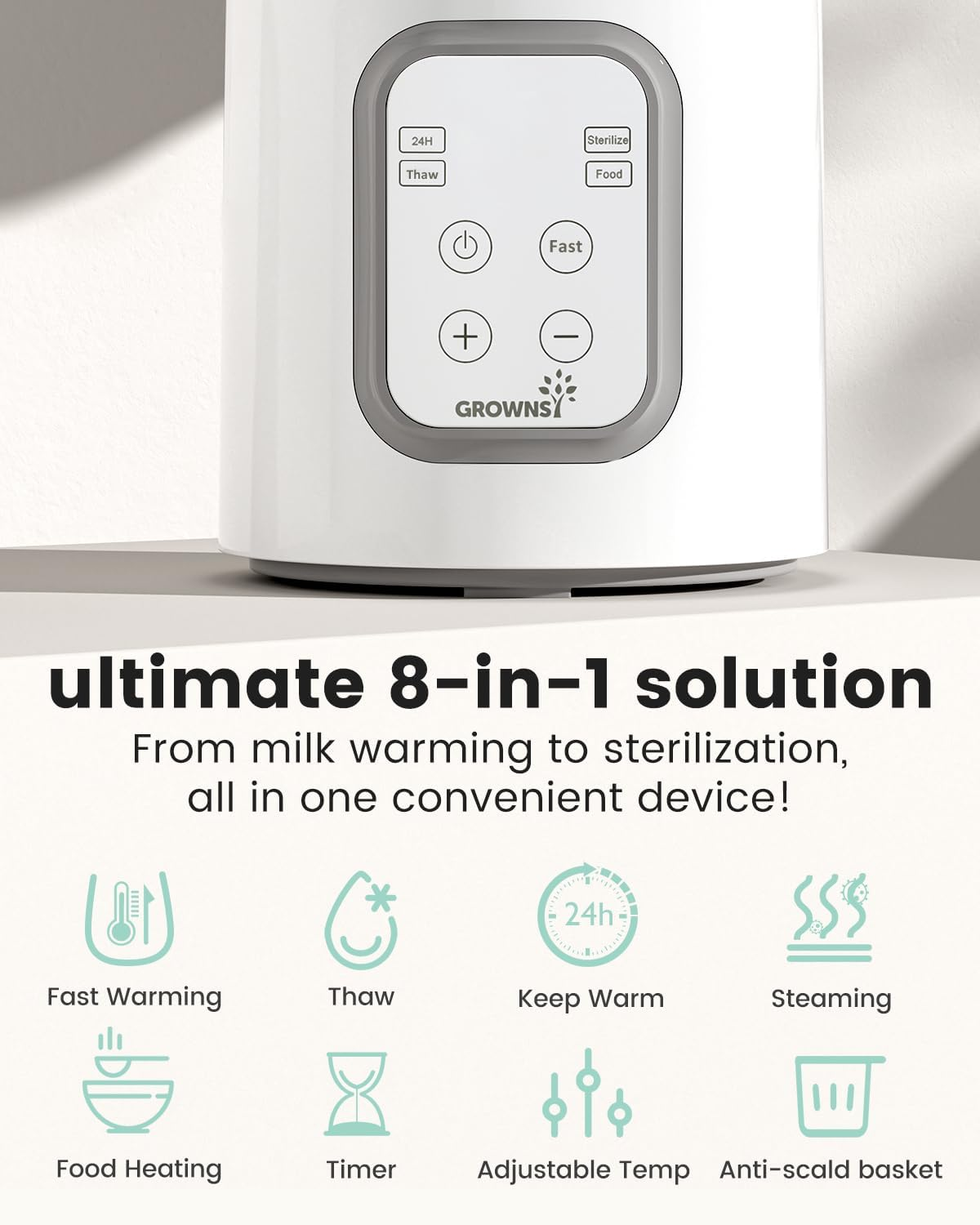 Bottle Warmer, GROWNSY 8-In-1 Fast Baby Milk Warmer with Timer for Breastmilk or Formula, Accurate Temperature Control, with Defrost, Sterili-Zing, Keep, Heat Baby Food Jars Function image number 2