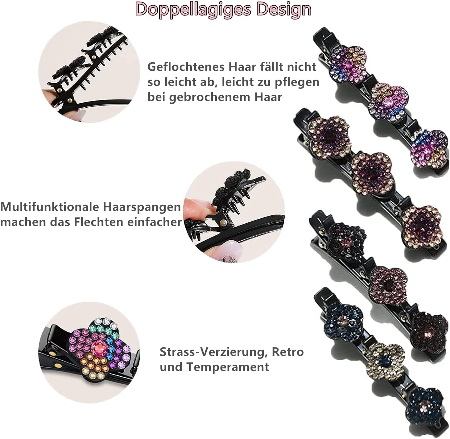 Norhogo Four Leaf Hair Pin Rhinestone Duckbill Hair Clip Fashion Double Layer Mini Hair Clips Hairpin Duck Beak Clip (9 Cm) Comes with a Box of Hair Clips image number 3