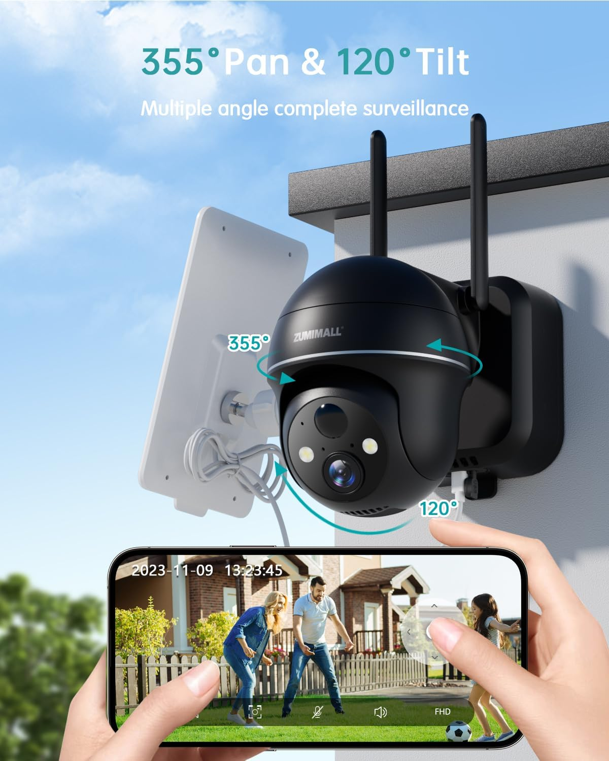 ZUMIMALL Solar Security Cameras Wireless Outdoor, 360&deg; View Outdoor Camera Wireless Solar,2.4G Wifi，2K/3Mp Color Night Vision,2-Way Talk, PIR Motion Alert, Cloud Storage, Alexa(Black) - White image number 3