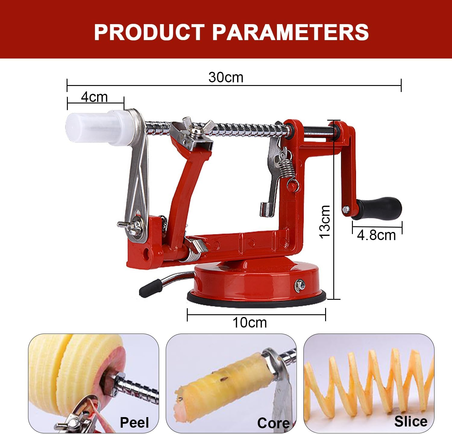 Apple Peeler, Apple Peeler Slicer Corer, Durable Hand-Operated Fruit Peeler with Stainless Steel Blades and Powerful Suction Base for Apples Pears Potatoes (Red) image number 2