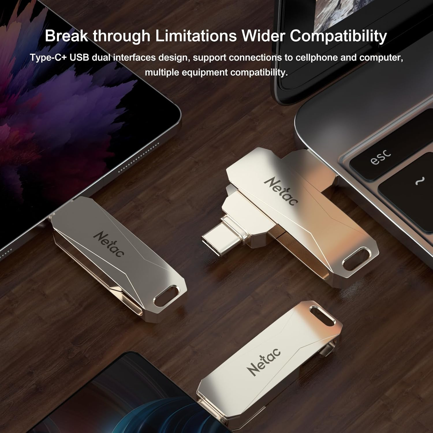 Netac U782C 64GB USB Memory 2In1 USB 3.1/3.0 and Type-C External Flash Drive High-Capacity Small 360&deg;Rotatable for Smartphones Mac Windows PC Pad Compatible Portable Alloy image number 4