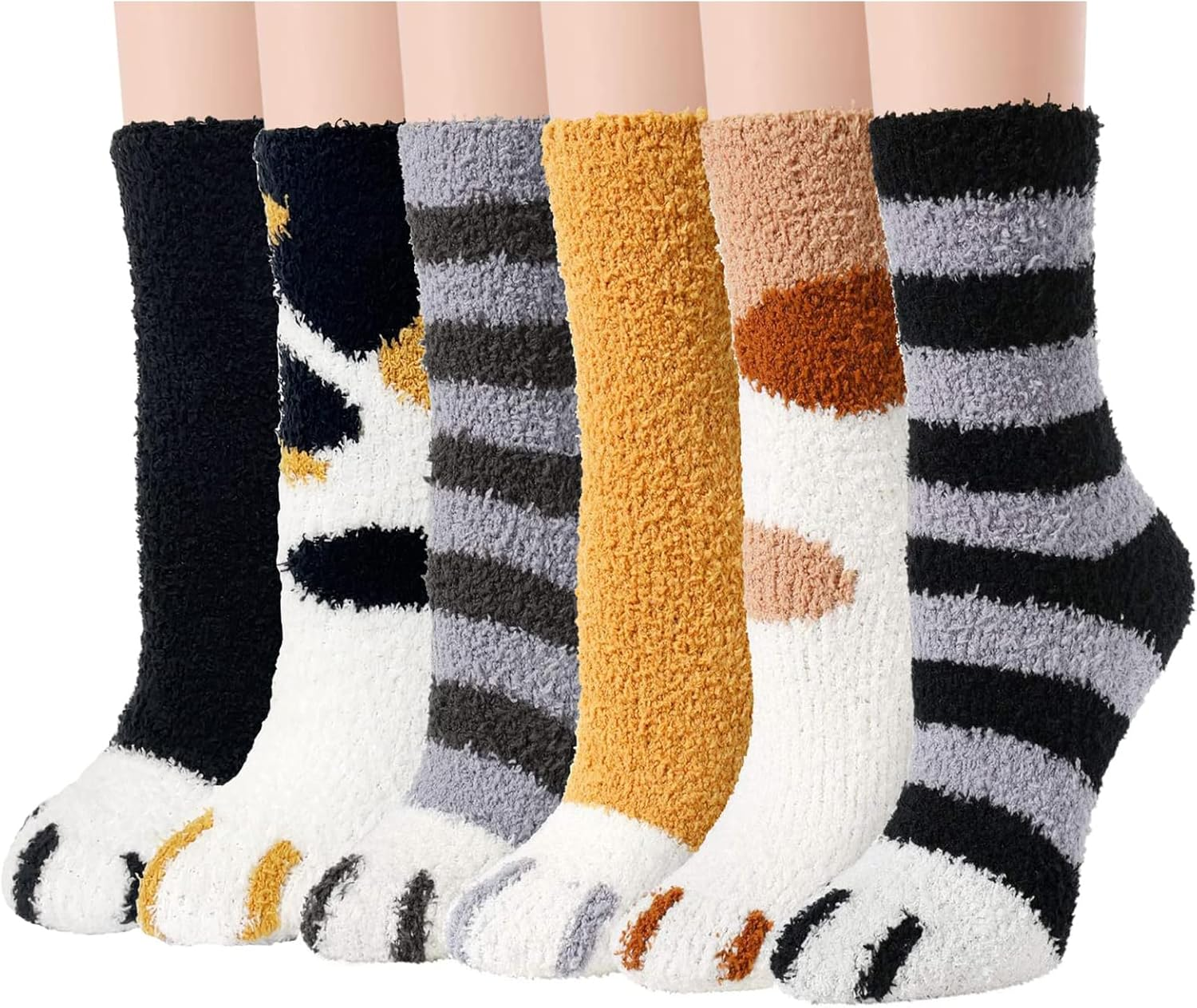 6 Pairs of Cat Socks - Therian, Fluffy, Non-Slip, Warm Bed, House Socks (36-42), Multicoloured, Medium image number 1