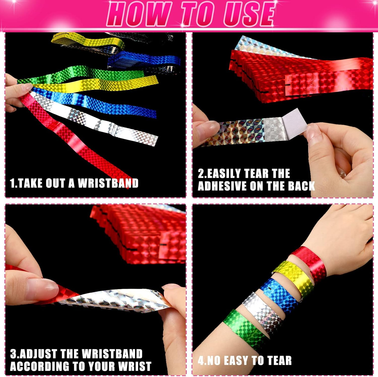 500 Pack Holographic Party Wristbands Assorted Colored Wristbands with Buckle Wristbands for Events Paper Wristbands Paper Bracelets Wristbands for Events Club Party (Gold, Red, Silver, Blue, Green) - Silver image number 2