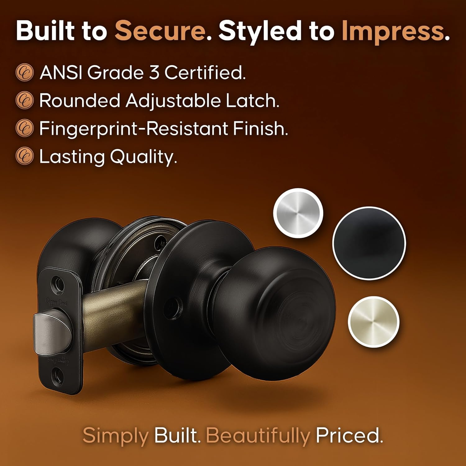 Copper Creek Matte Black Door Knobs - round Colonial Knob with Privacy Locking Function for Home Improvement, 1 Pack - Fits All Standard Doors - Locking Door Knob for Bedroom and Bathroom Use