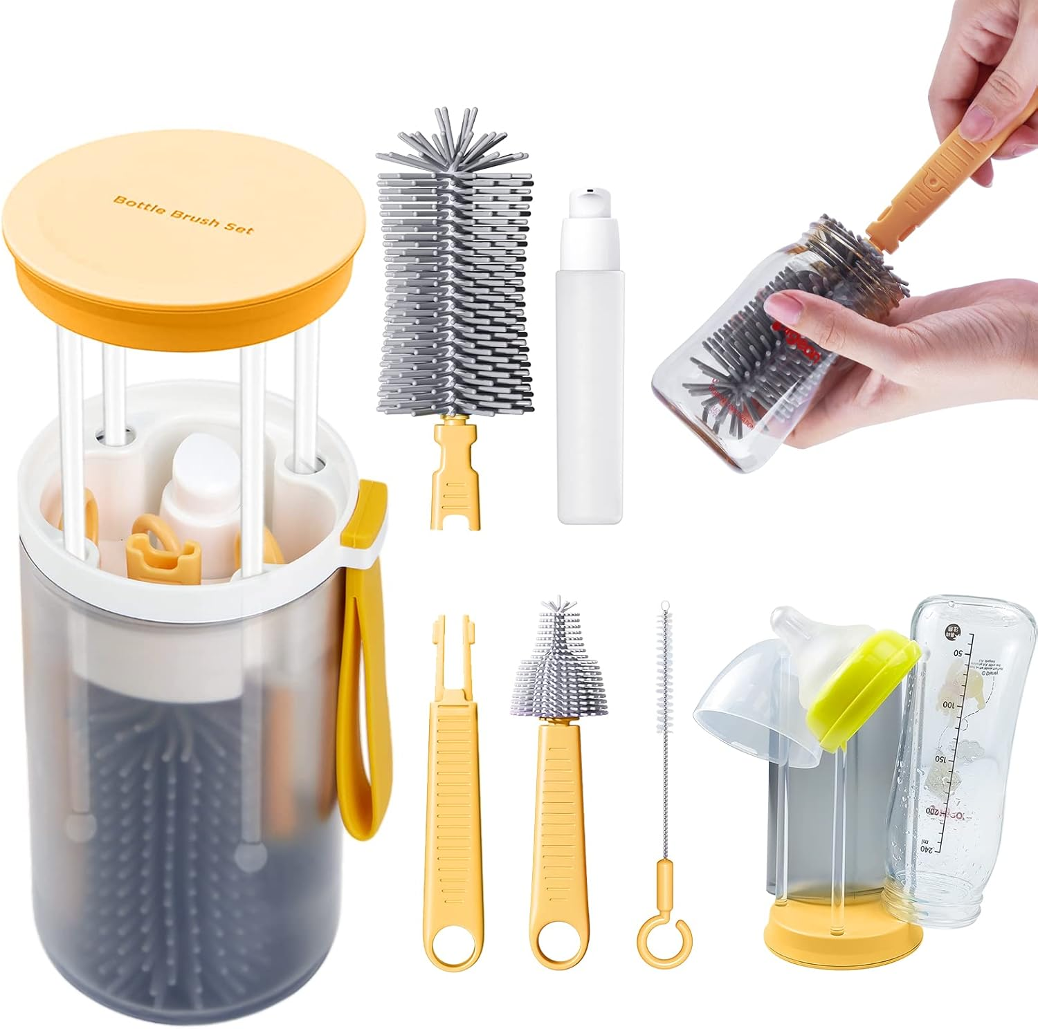 Travel Bottle Cleaner Kit, Baby Bottle Brush Set with Extendable Liquid Silicone Brush, Nipple Brush, Straw Brush, Drying Rack, Bottle Soap Dispenser, Baby Bottle Scrubber Brush for New Mom