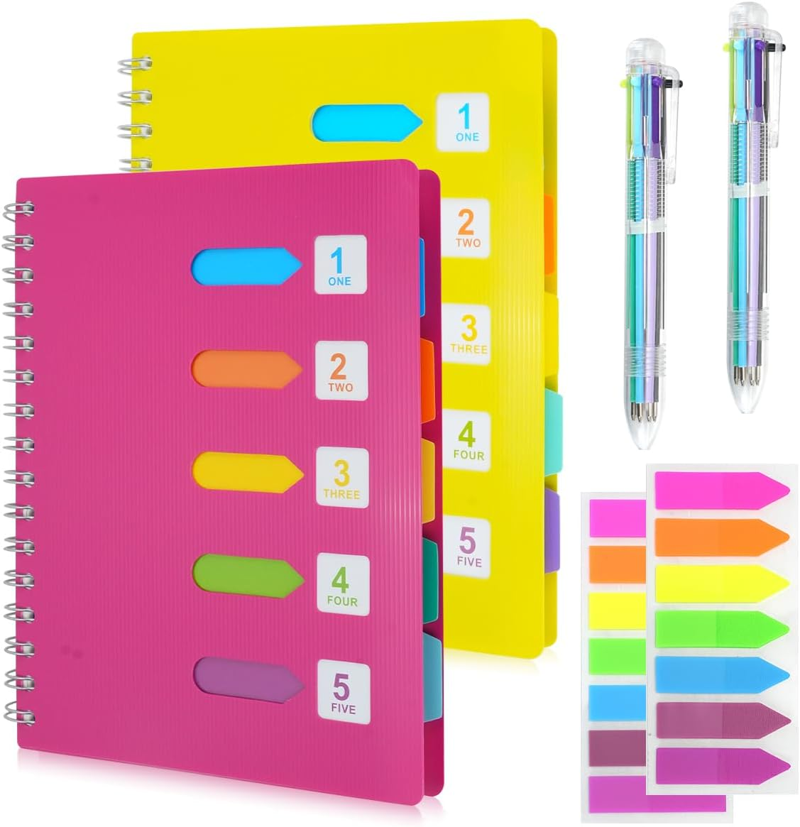2Pcs 5 Subject Notebook, FHDUSRYO A5 Spiral Notebook with Dividers, Hardcover Notebook Double Wires Journal, 240 Pages Ruled Notebook with Pen Sticky Tab for Work, Home, School, Office (Pink Yellow)