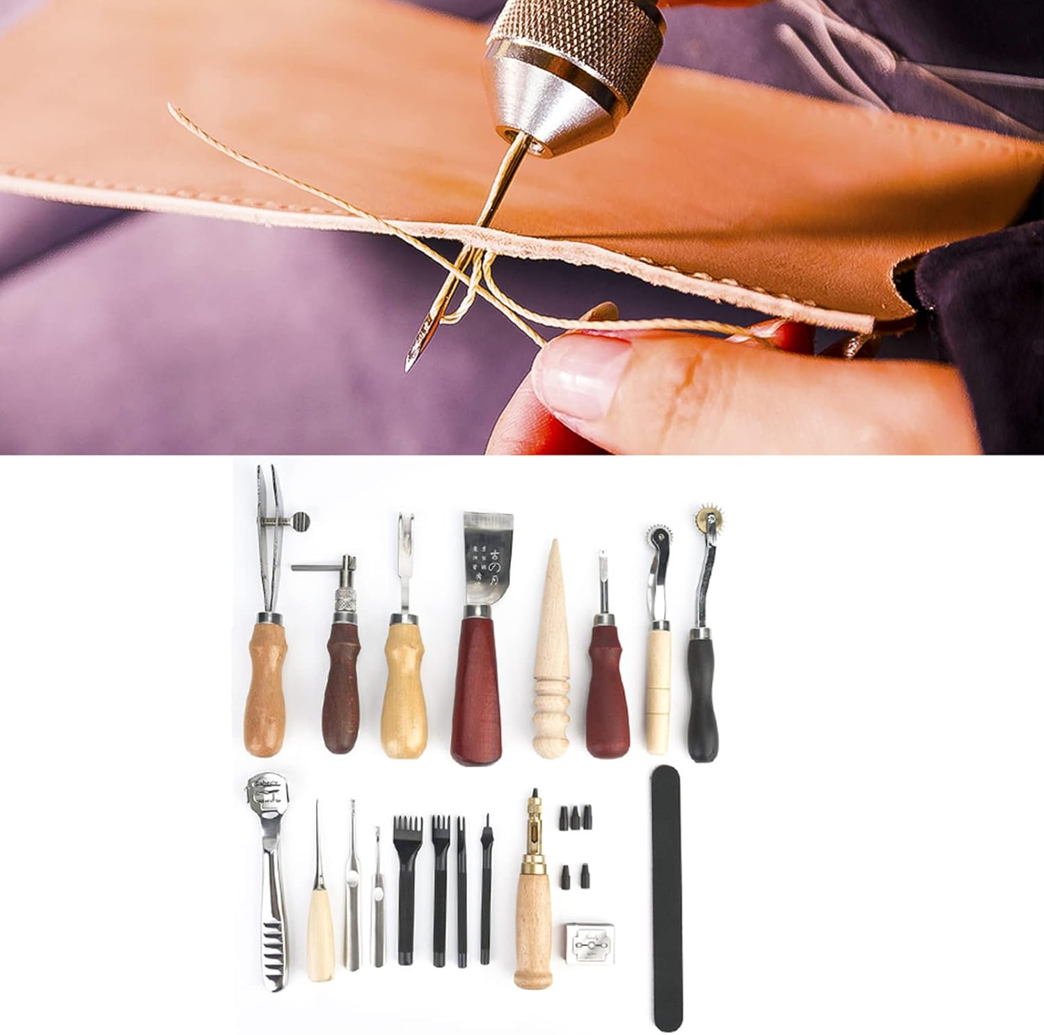 Gugxiom 19PCS Leather Working Tools, Leather Tools for Leather Craft Processing, Leather Carving Tools for Beginners, for DIY, Handmade Crafts image number 6