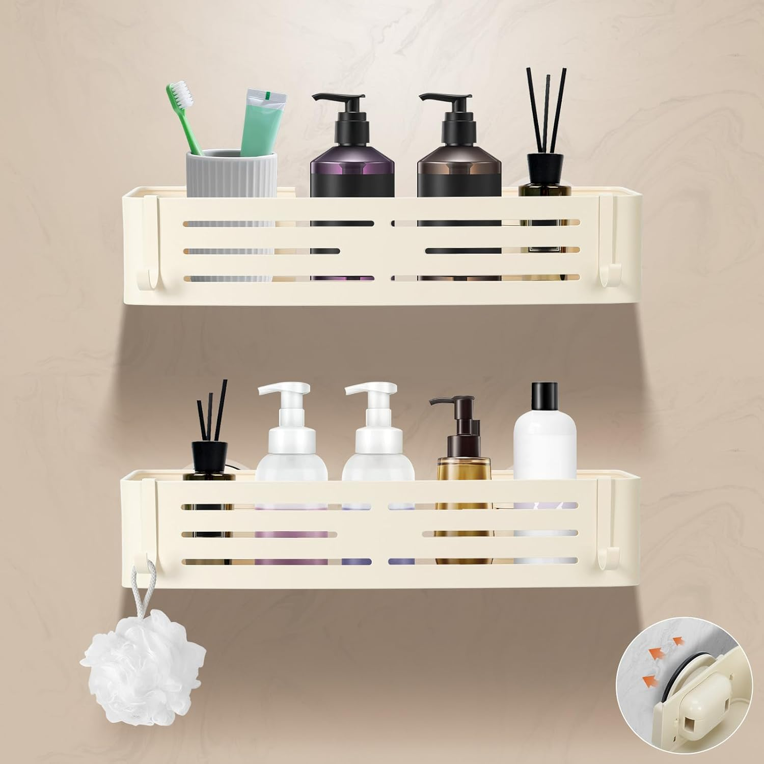 Lekesky Shower Shelf No Drilling Corner with Towel Rail - Strong Suction Cups, Removable, Aluminium & Rustproof - Bathroom Shelf Shower Shelf for Bathroom, Kitchen & Rental Apartment (Set of 2