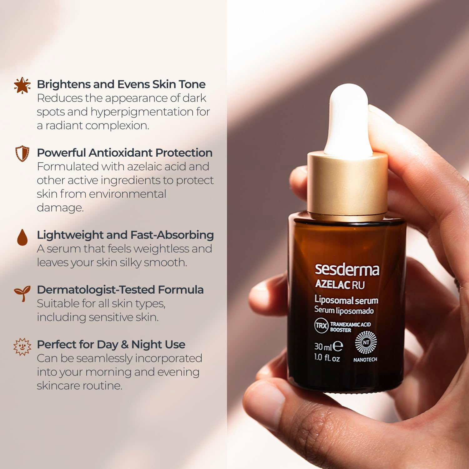 Sesderma AZELAC RU Liposomal Facial Serum 1.0 Fl. Oz for Sun Spots, Age Spots and Hyperpigmentation image number 4