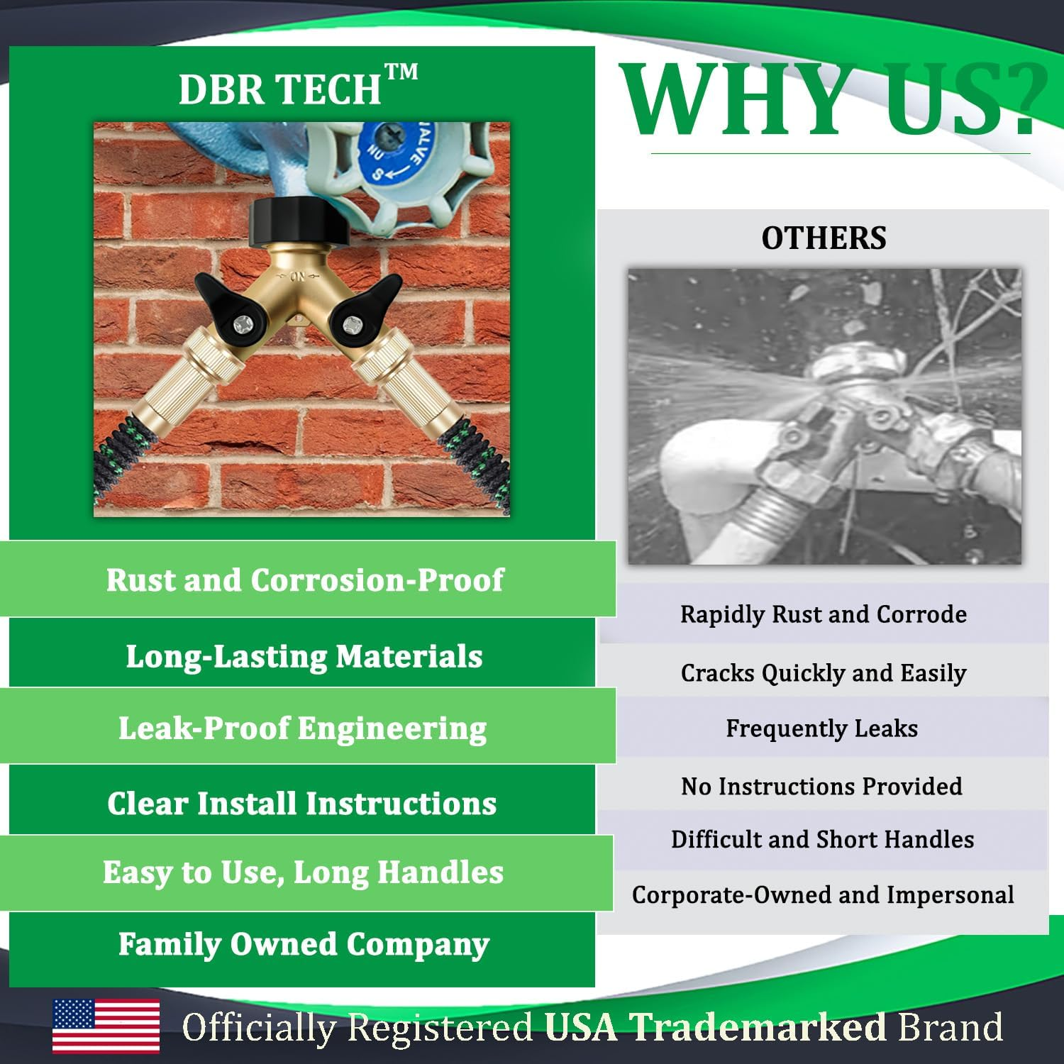 DBR Tech - Garden Hose Splitter 2 Way Lawn Garden Hose Splitter Heavy Duty Brass Tap Connector Leak Resistant Thread with Stop Valves