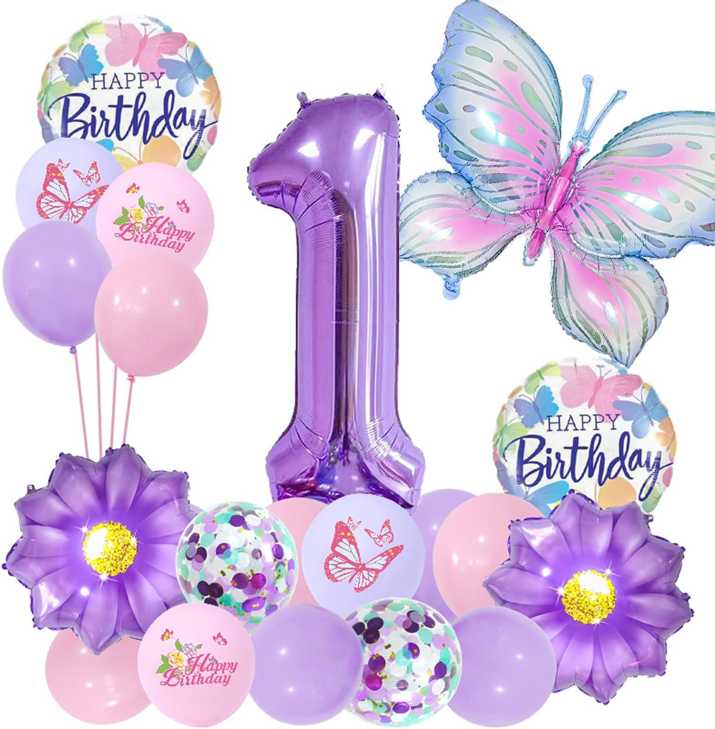 Butterfly Daisy Number Balloons 3Nd Happy Birthday Party Decorations Purple Butterfly Foil Mylar Latex Balloon Set 32Inch Digital Daisy Sequin Birthday Party Decoration Number 3