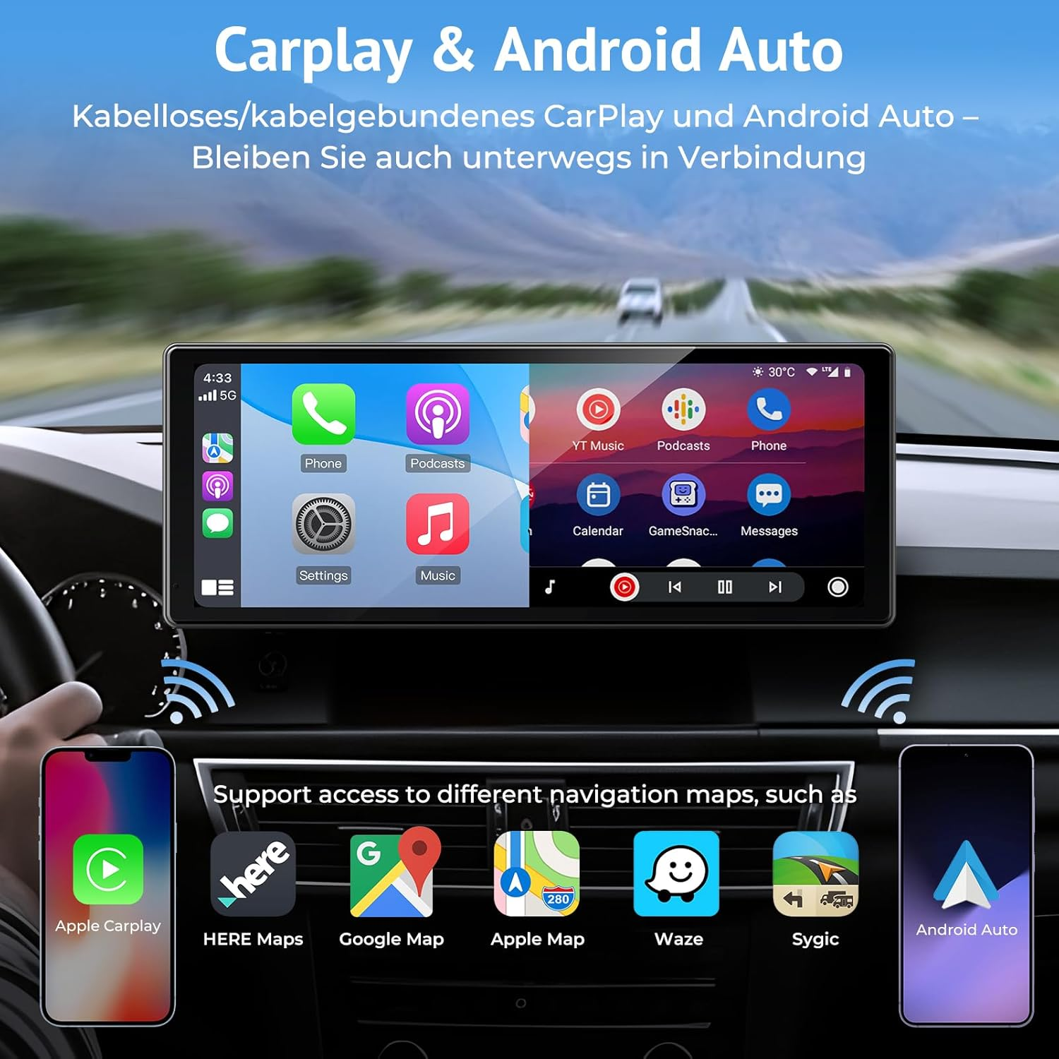 2025 Carplay Display Compatible with Carplay & Android Car, IPS Android Car Display with Light-Sensitive Function, Bluetooth, Mirror Link, Fm, Voice Control and Two USB Charging Ports