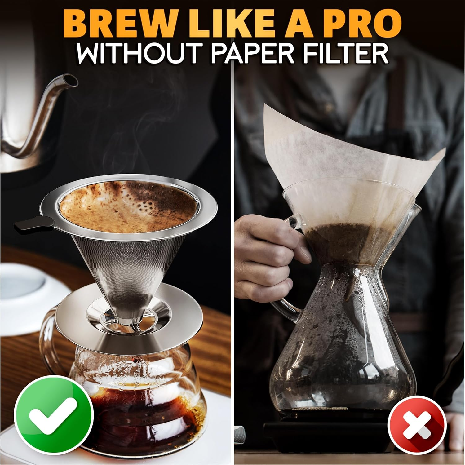 Stainless Steel Pour over Coffee Maker with Cleaning Brush & Non-Slip Silicone Handle - 2 Cups Capacity Stainless Steel Pour over Coffee Dripper with Secure Wide Base, Clean Flavor Paperless image number 4