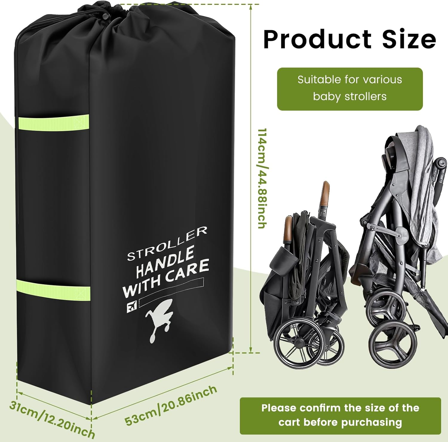 Stroller Bag for Airplane, Gate Check Waterproof Oxford Stroller Travel Bag, Foldable and Portable Design with Hand Straps Black 53X31X114Cm image number 1