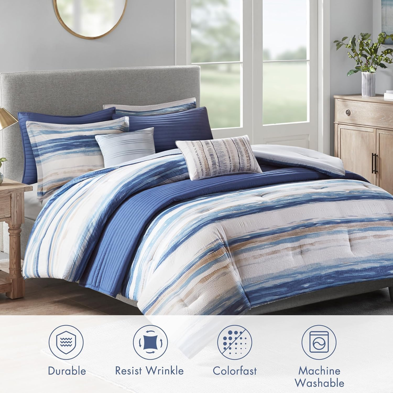 Madison Park Marina Comforter Quilt Combo Set - Modern Luxury Design, All Season down Alternative Bedding, Matching Shams, Decorative Pillows, King/Cal King(104"X92") Seersucker Blue 8 Piece image number 5