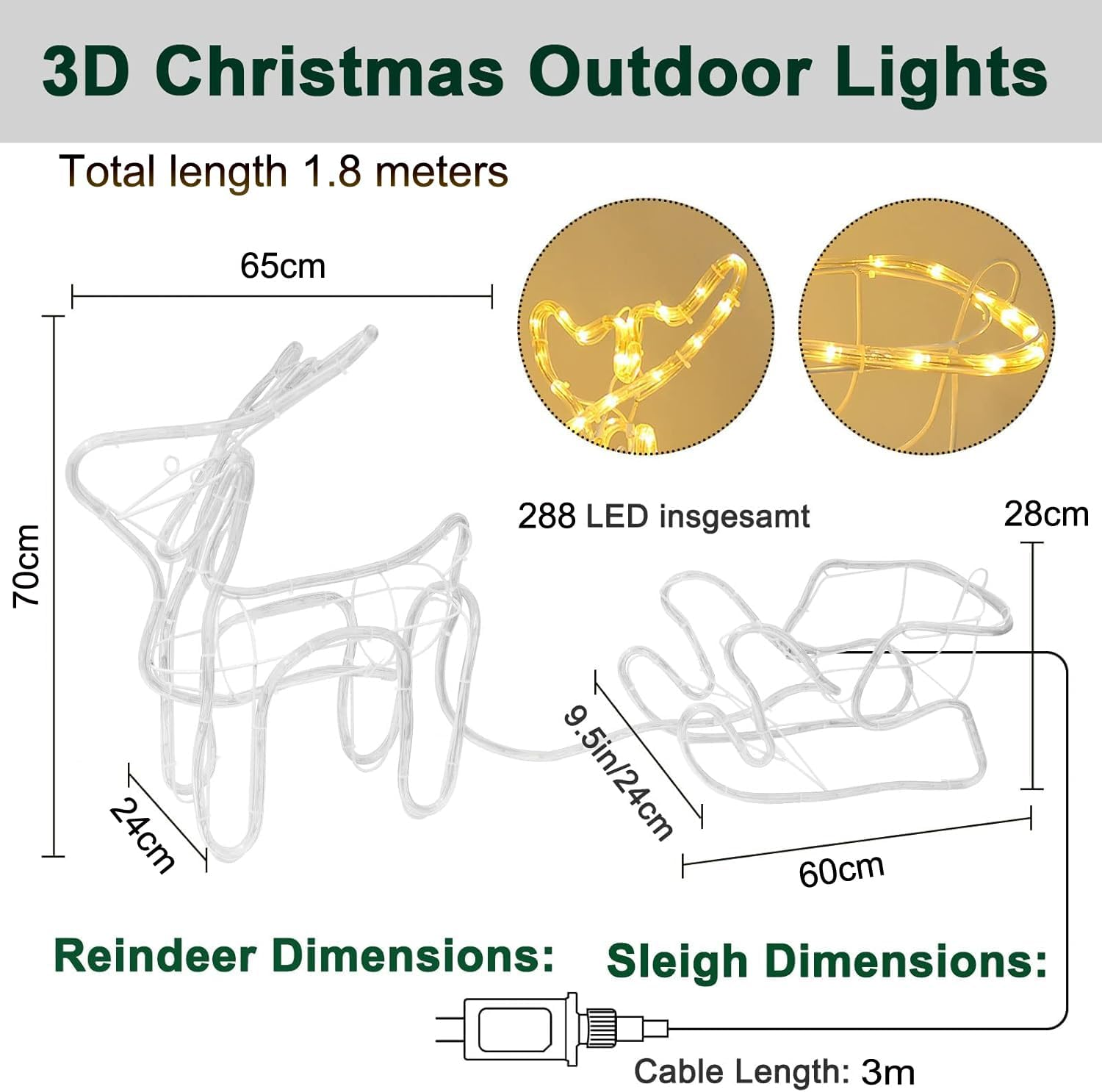 Reindeer Sleigh Lights Outdoor Christmas Decoration, 288 LED 3D Reindeer with Santa' Sleigh Mains Powered, Christmas Deer Sled Display Lights for Yard Lawn Porch Patio Decor ﻿ (Multicoloured) image number 3