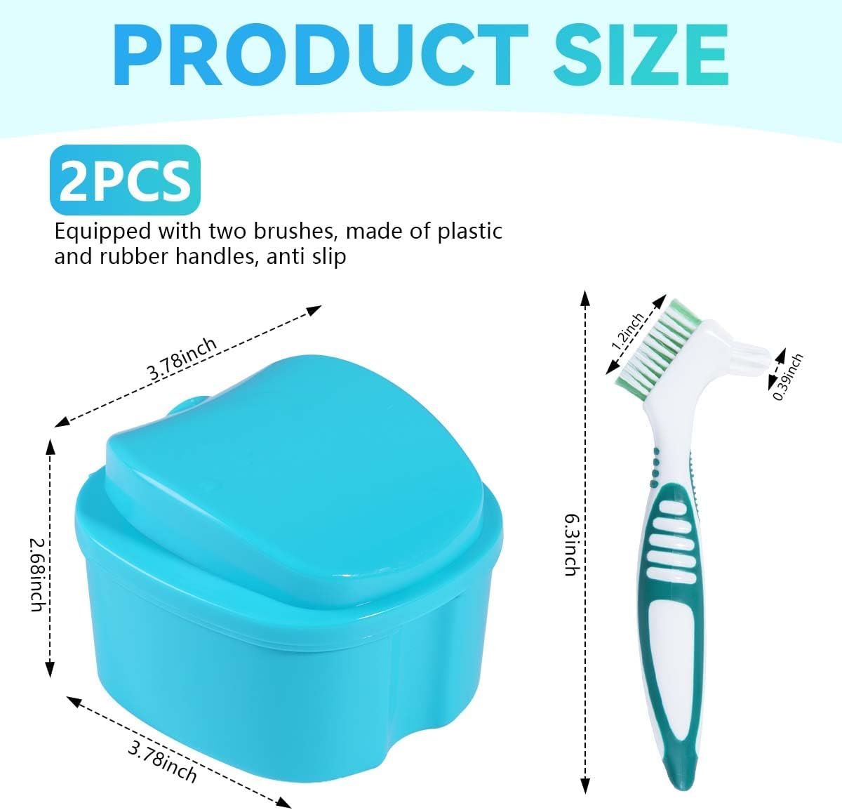 KISEER 2 Pack Denture Bath Case Cup Box Holder Storage Container with Denture Cleaner Brush Strainer Basket for Travel Cleaning (Light Blue and Blue)
