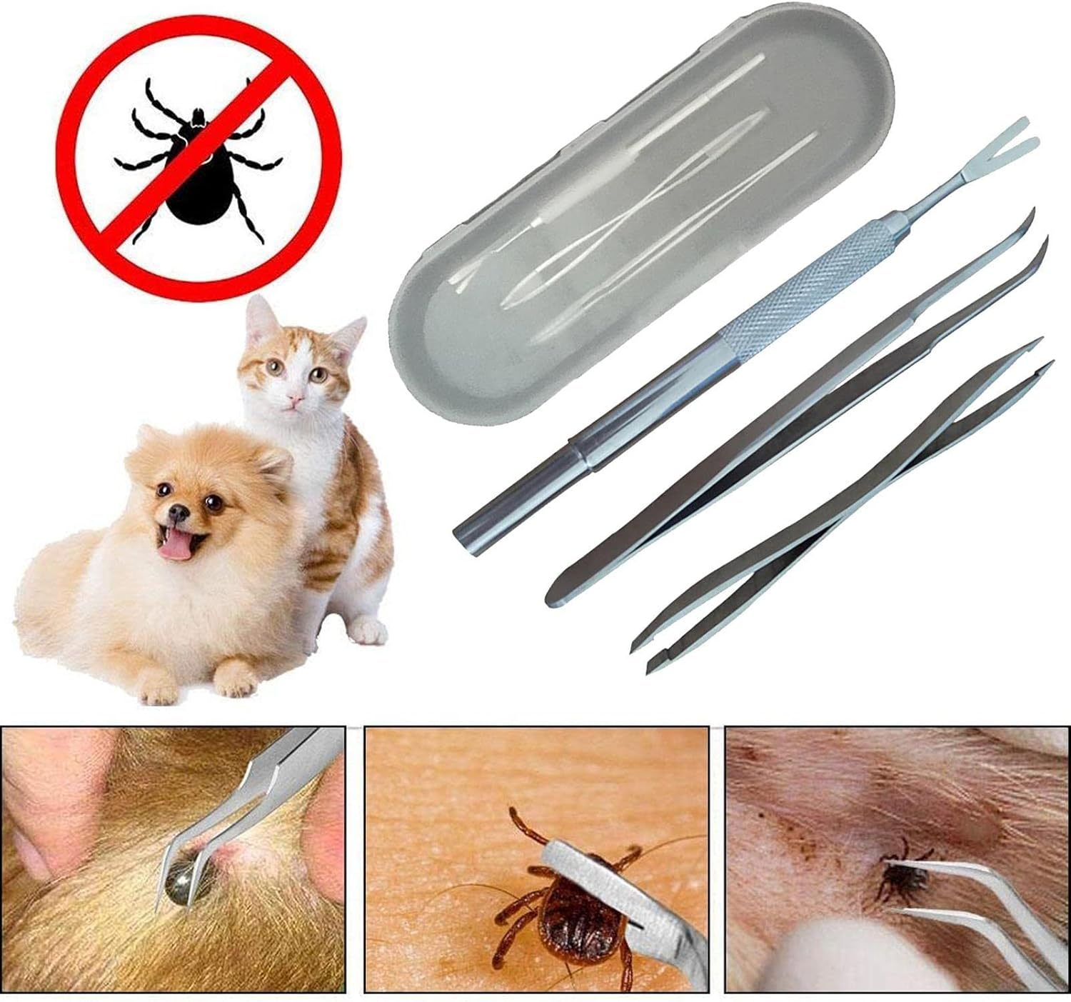 Tick Remover Kit, Pet Tick Tongs,Quick Safe Cat Dog Stick Tweezers Stainless Steel Tick off Tool For, Cat, Human with Storage Box(Pack of 3) image number 2