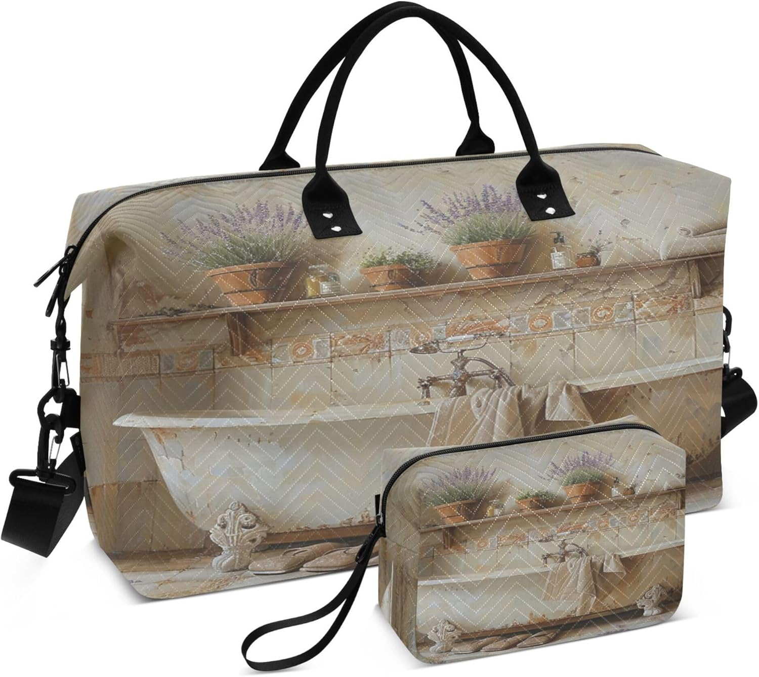 Travel Duffel Bag Travel Tote Gym Bag Overnight Bag with Toiletry Bag for Sports Foldable Elegant Bathtub with Vintage Tiles, Multi, 1 Size, Modern/Fitted, Multi, 1 Size, Modern/Fitted image number 2