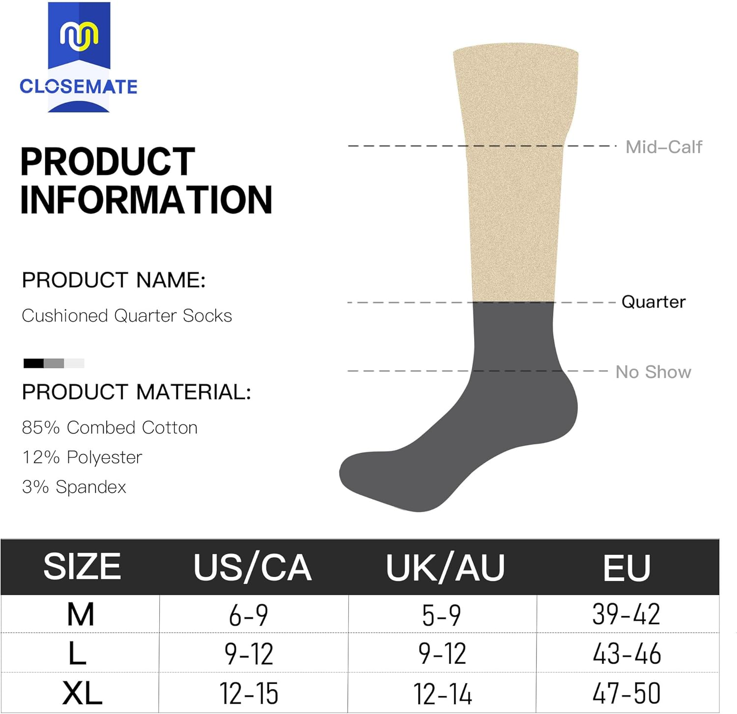 Closemate Mens Sports Trainer Quarter Socks White Black 6 Pairs Ankle Running Cotton Socks for Men and Women Non Slip anti Blister Breathable Performance Wicking Cushioned Athletic Mens Socks image number 4