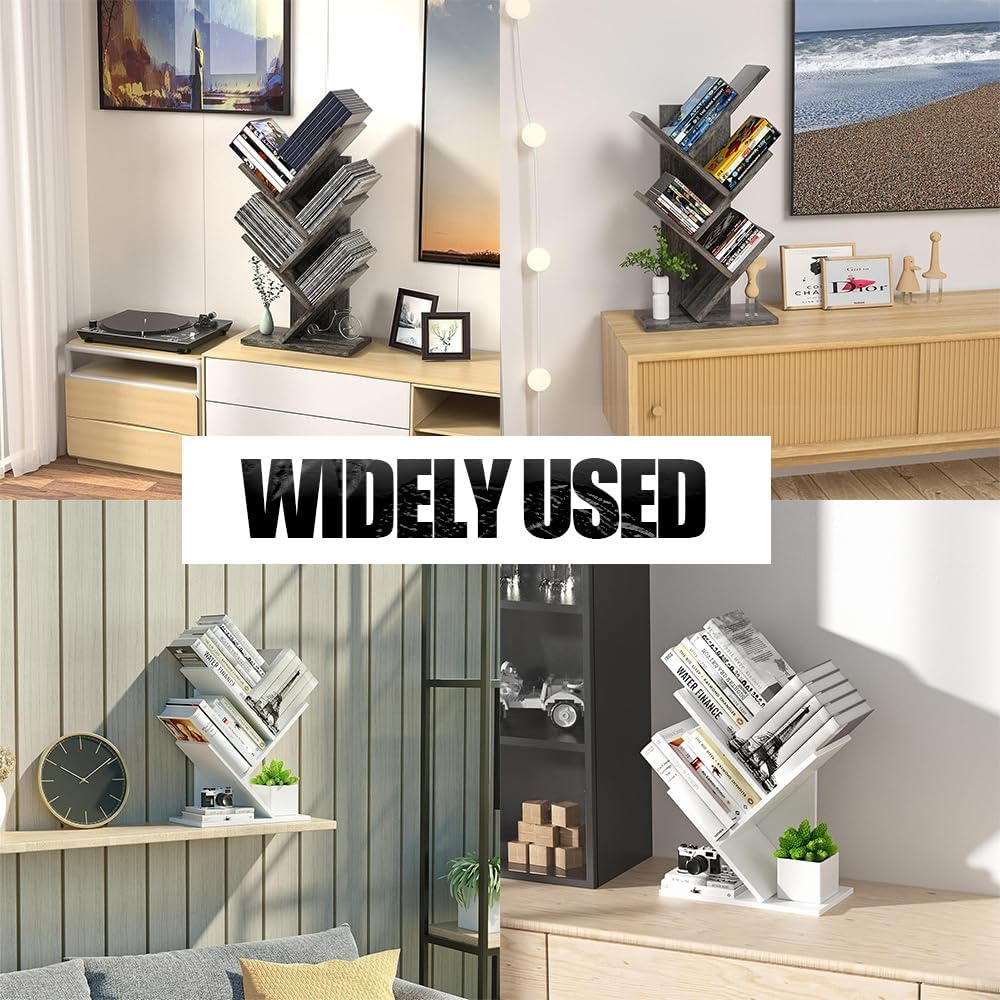 SHENMAIDAY 5 Layer Small Tree Shape Bookshelf, Book Storage Organizer, Desktop Book Display Rack for Books Magazines CD Freestanding Vintage Wooden Storage Rack for Home Office Bedroom (Black) - White image number 4
